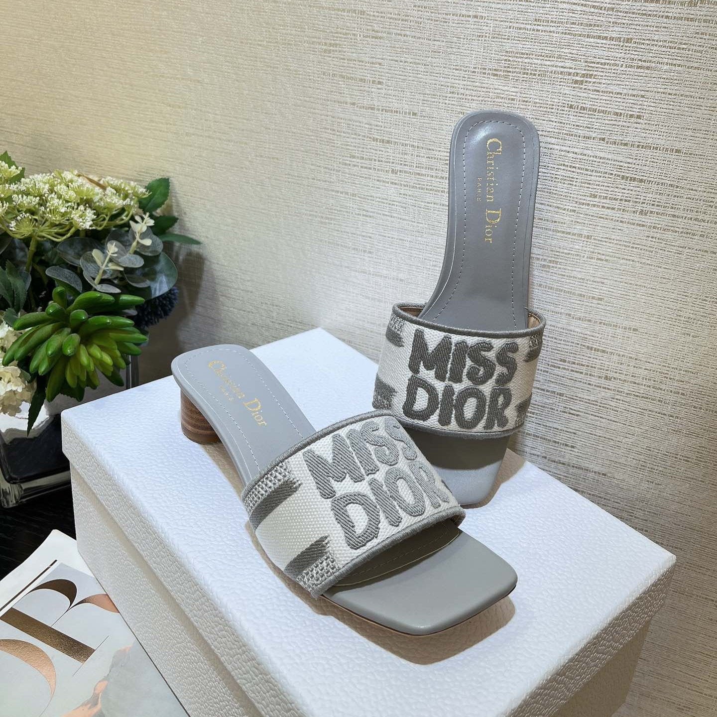 DIOR dway heeled slide 35 grey embroidered cotton