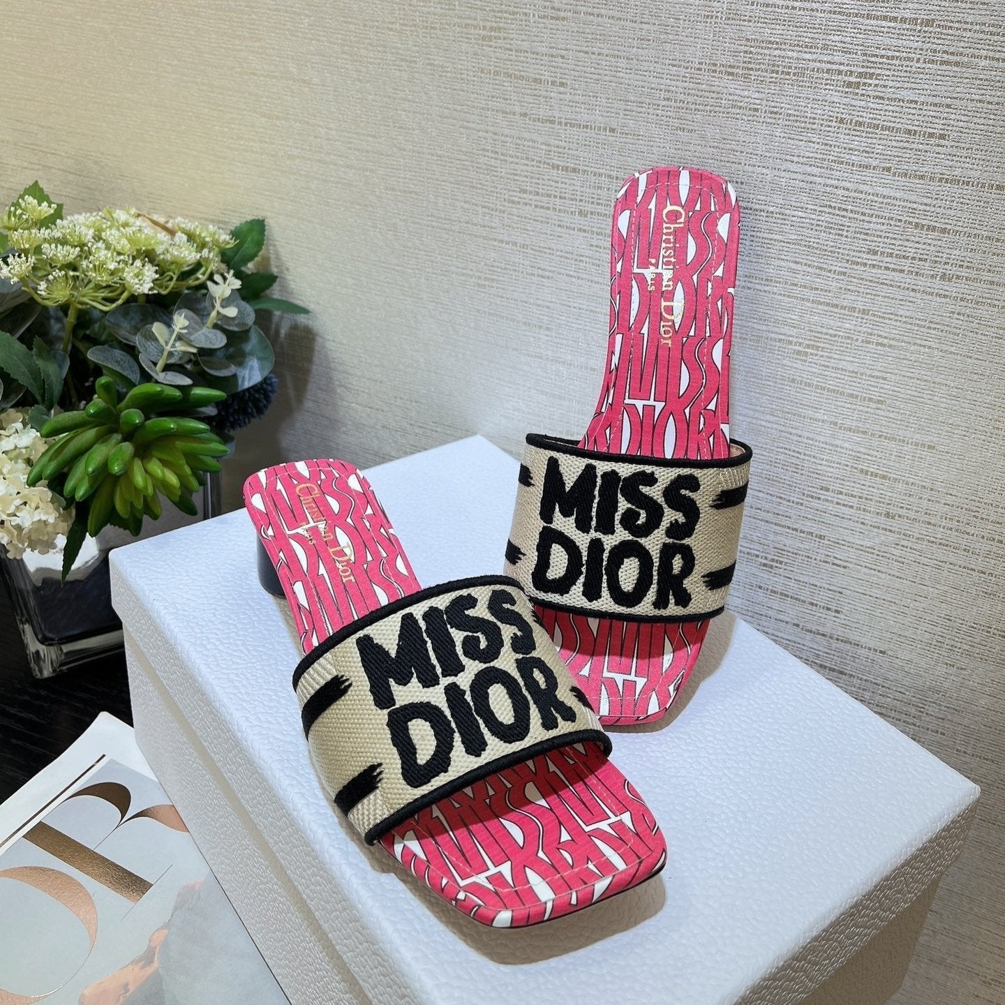 DIOR dway heeled slide 35 embroidered cotton red miss alllover motif