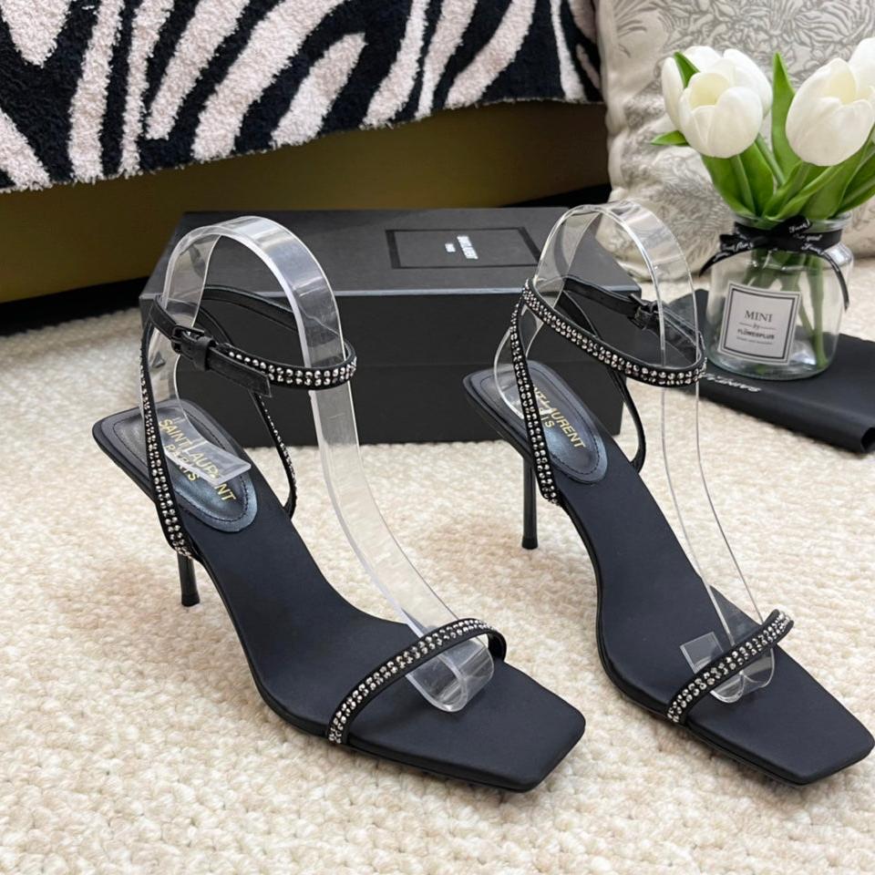 Saint Laurent SL GEORGIA WHITE CRYSTAL SANDALS PUMP BLACK SATIN