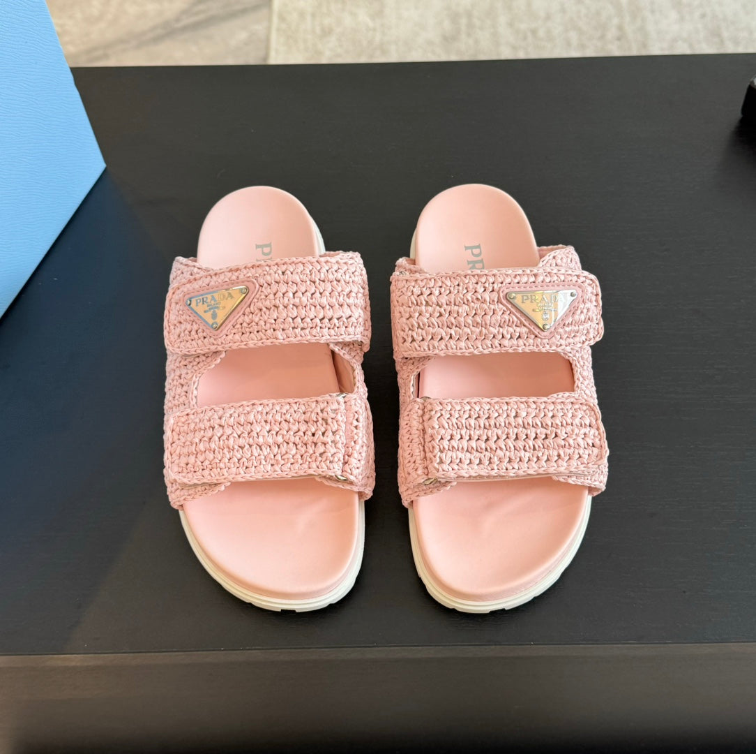 PRADA RAFFIA CORK SLIDE LIGHT PINK CALFSKIN