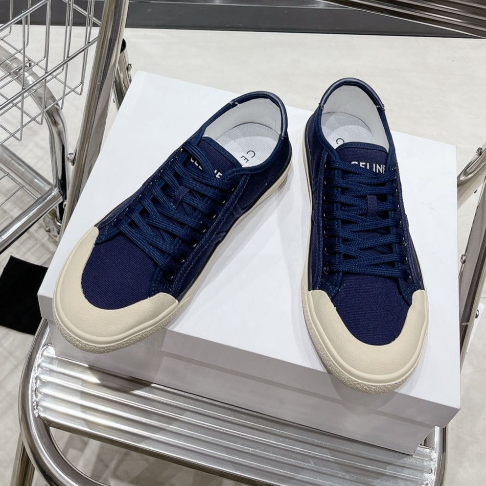 Celine JANE SNEAKERS LOW LACE-UP WITH TRIOMPHE PATCH IN CANVAS AND CALFSKIN NAVY