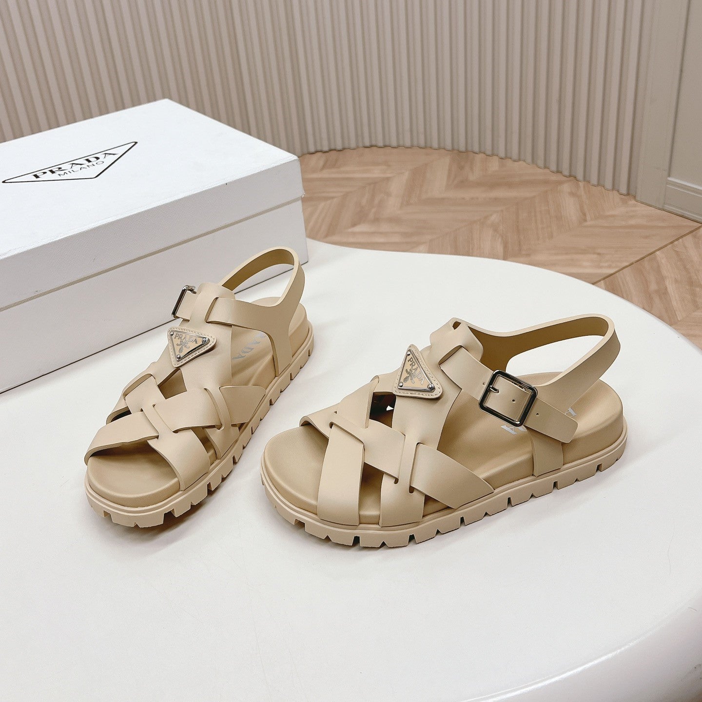 PRADA Interwoven Straps Sandals 30 Beige