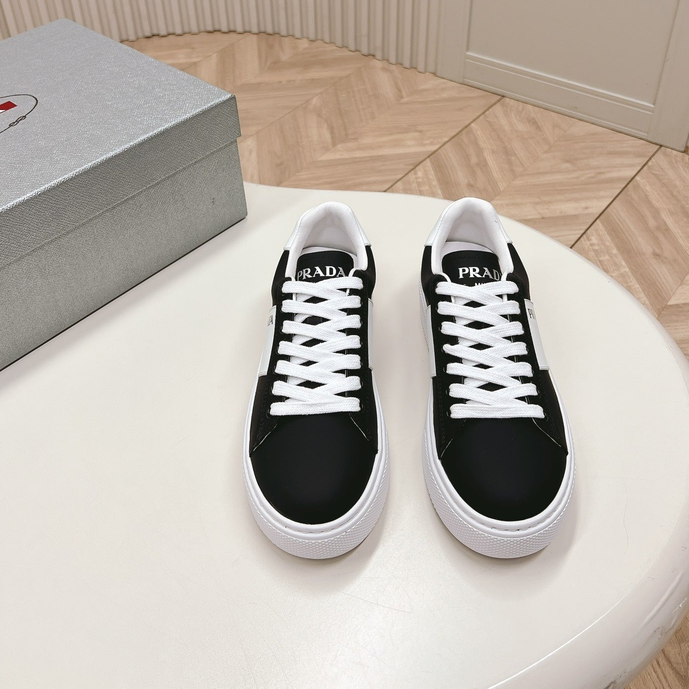 PRADA LEATHER LOGO OUTLET SNEAKERS BLACK CALFSKIN