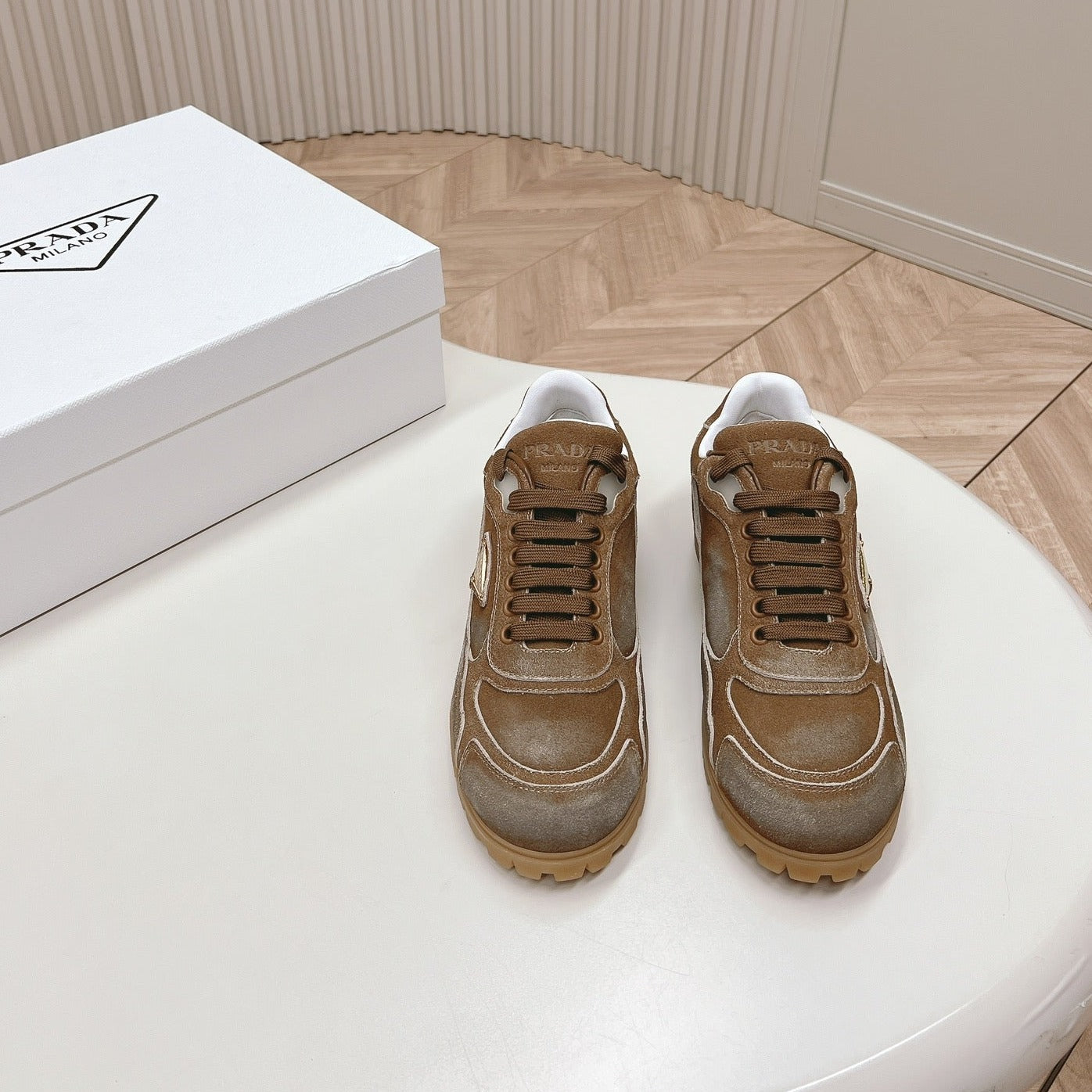 PRADA FADED SUEDE SNEAKERS SEPIA AND WHITE