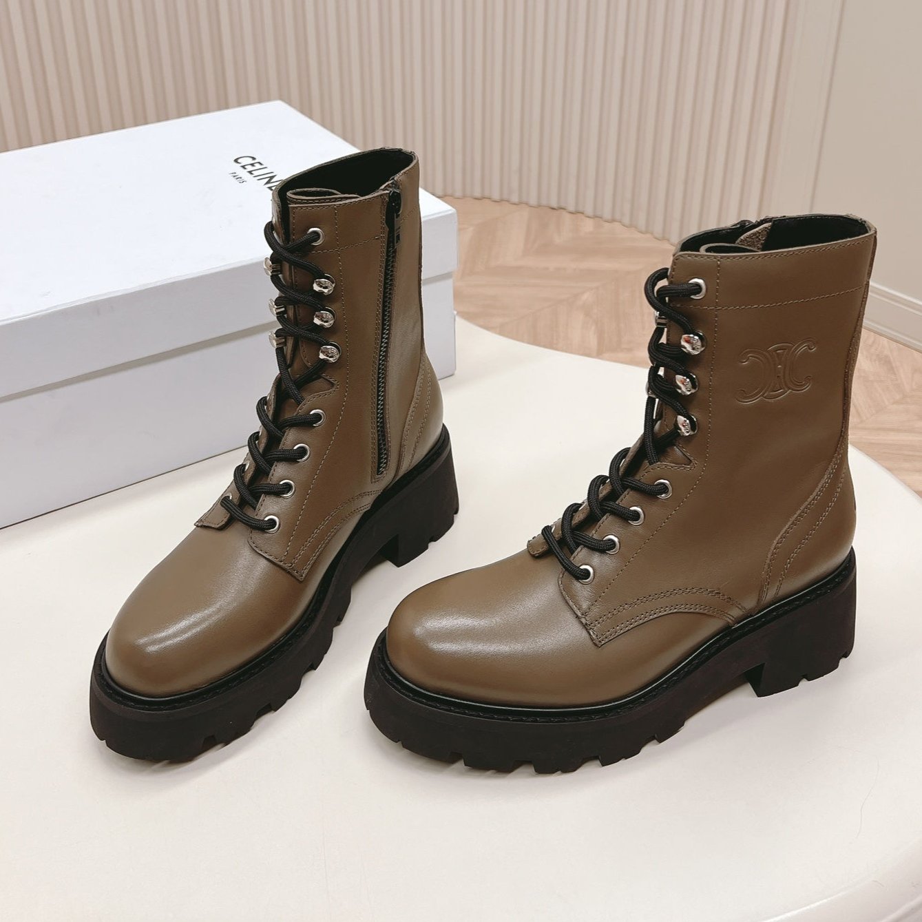 Celine TRIOMPHE RANGERS MID LACE-UP BOOT IN CHOCOLATE BROWN CALFSKIN