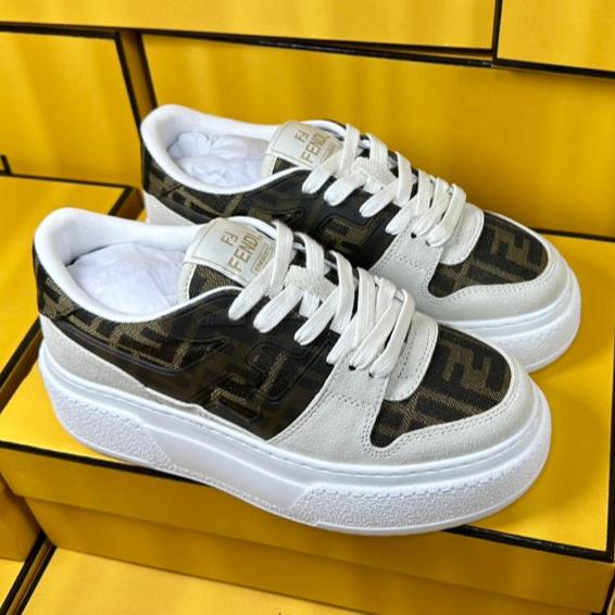 FENDI FENDI THICK-SOLDED SNEAKER IN WHITE SUEDE AND BROWN MONOGRAM FABRIC