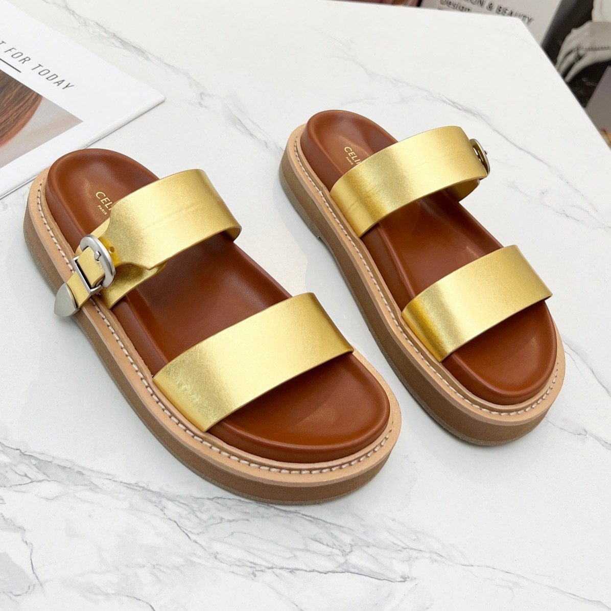 Celine TWO-STRAP SANDALS IN GOLD CALFSKIN