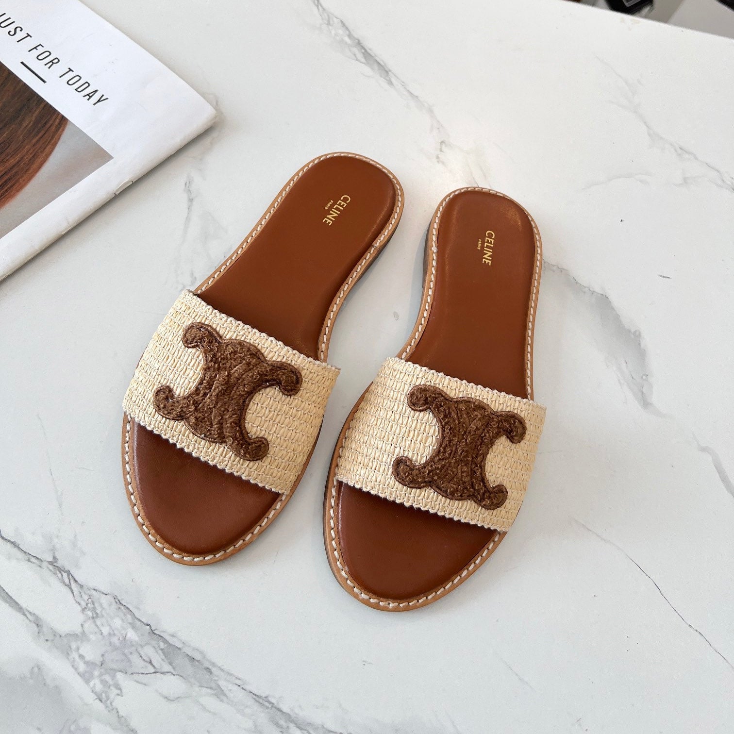 Celine Celine 25C Slippers Beige mix Coffee Fabric with Calfskin 238149