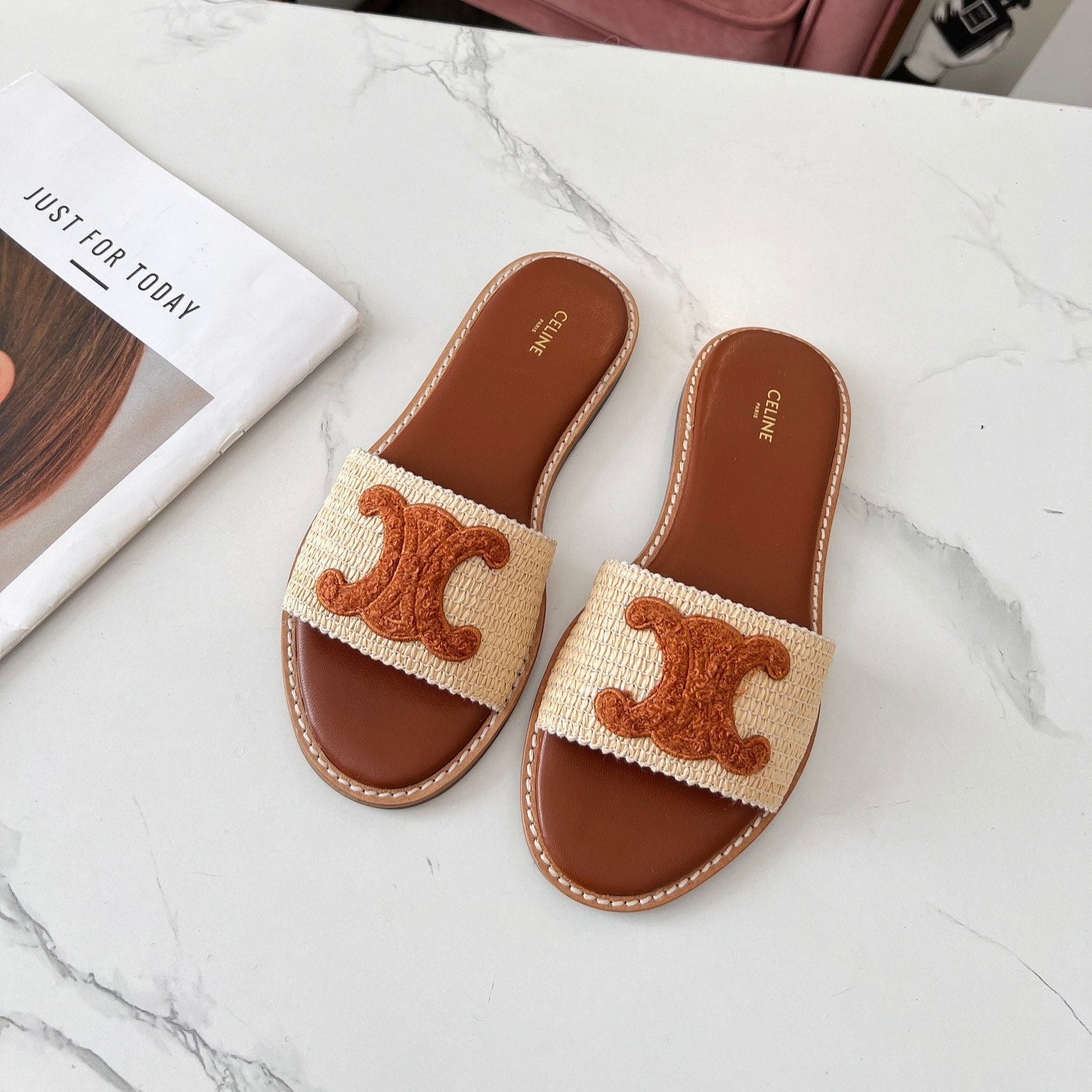 Celine Celine 25C Slippers Beige mix Brown Fabric with Calfskin 238152