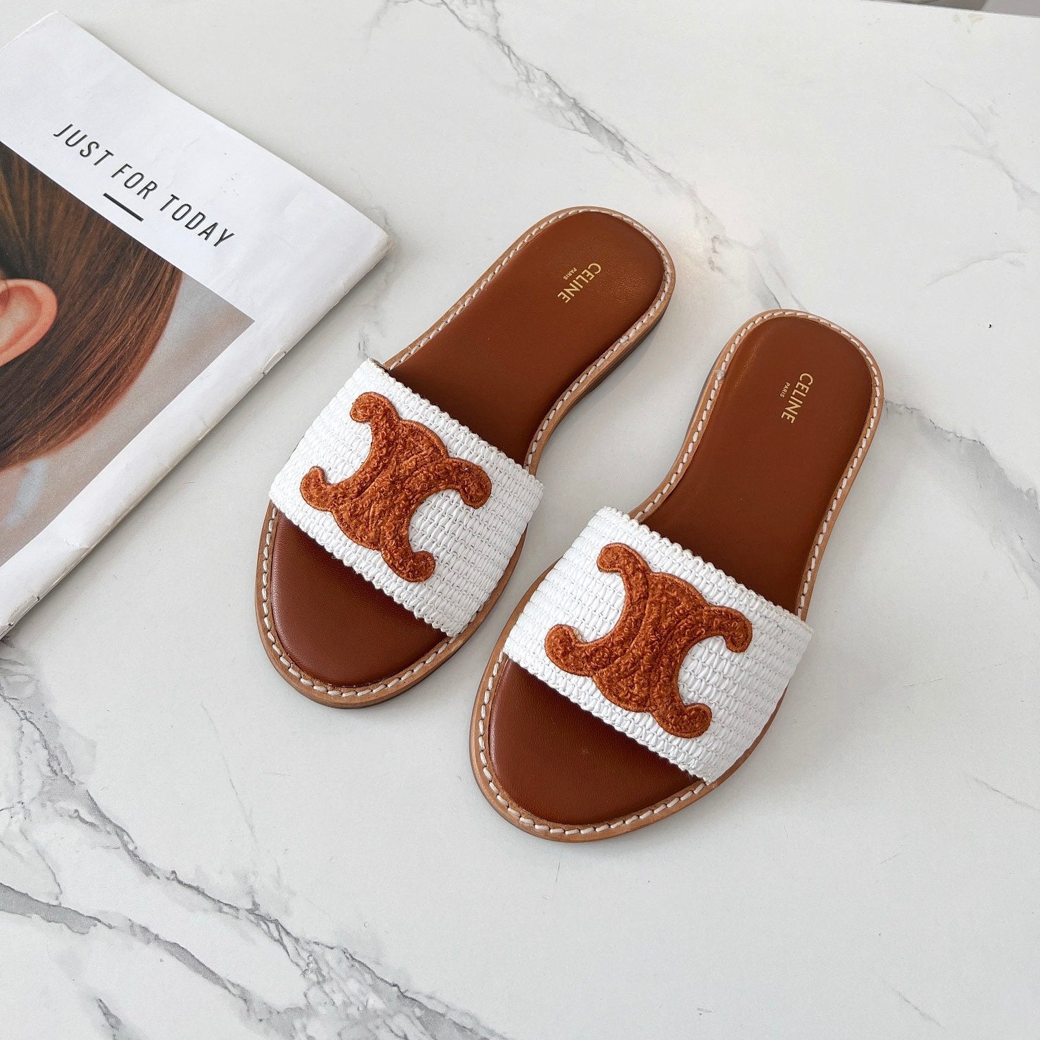 Celine Celine 25C Slippers White mix Brown Fabric with Calfskin 238153