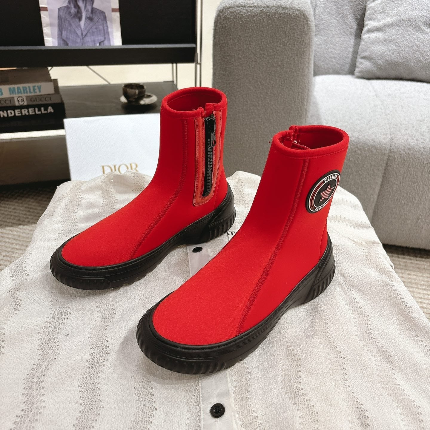 DIOR Ankle Boots Bright Red Elastic Fabric