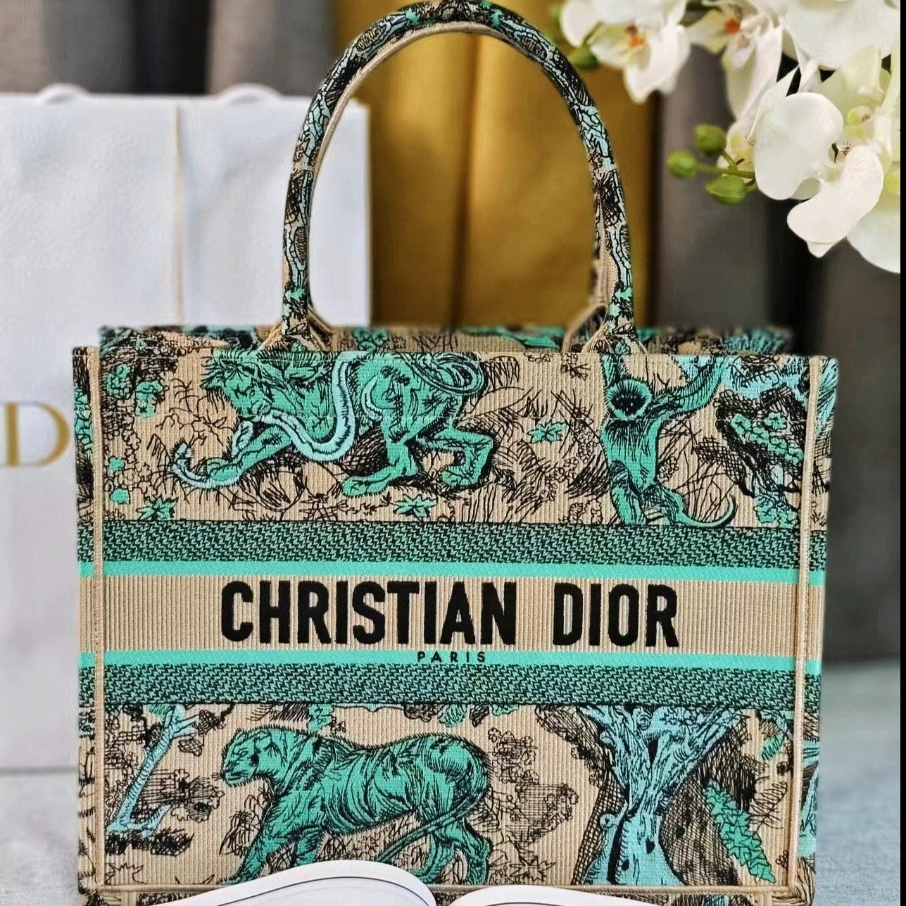 DIOR medium DIORiviera book tote 36 tiffany blue tiger embroidery canvas