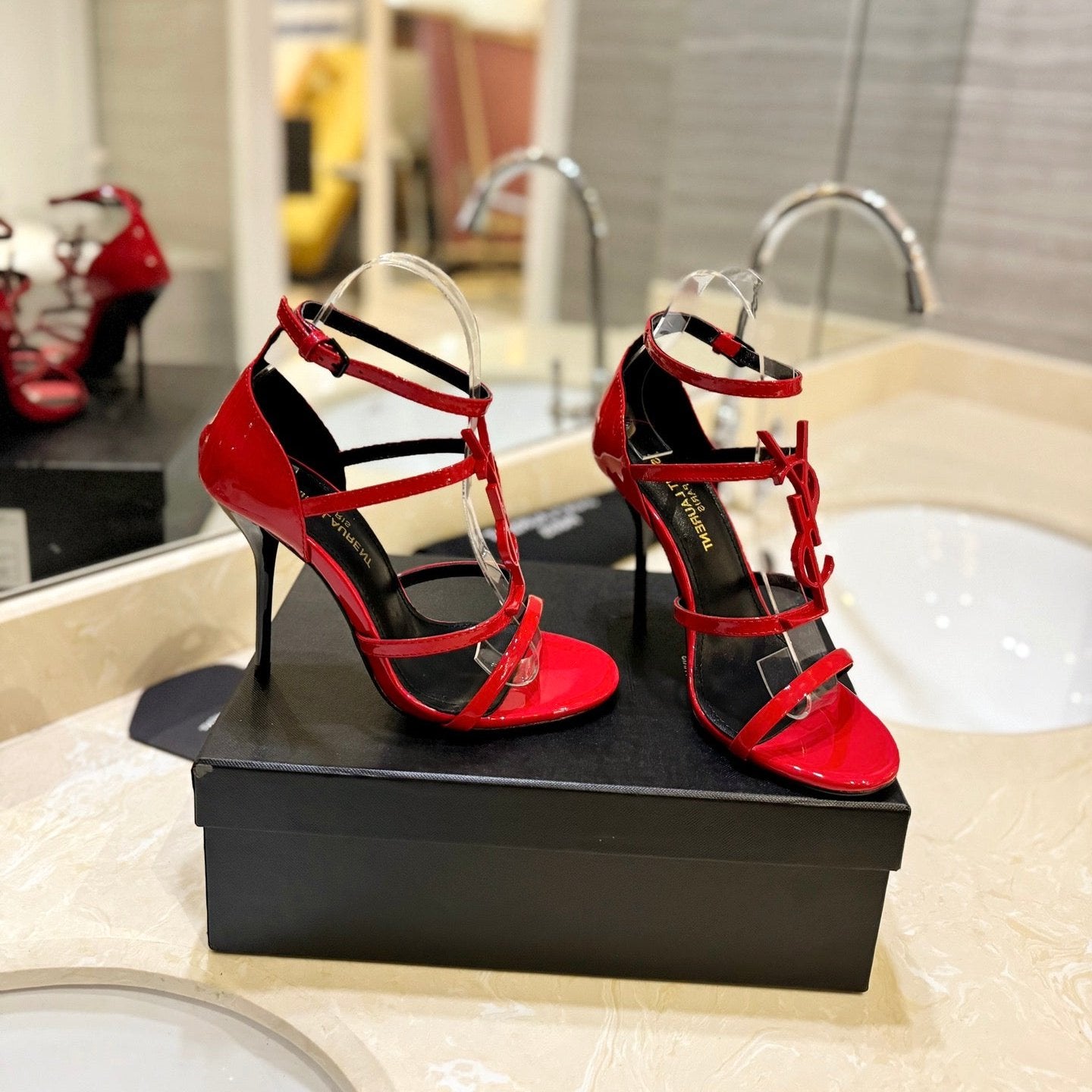 Saint Laurent SL CASSANDRA HEELED SANDALS RED CALFSKIN