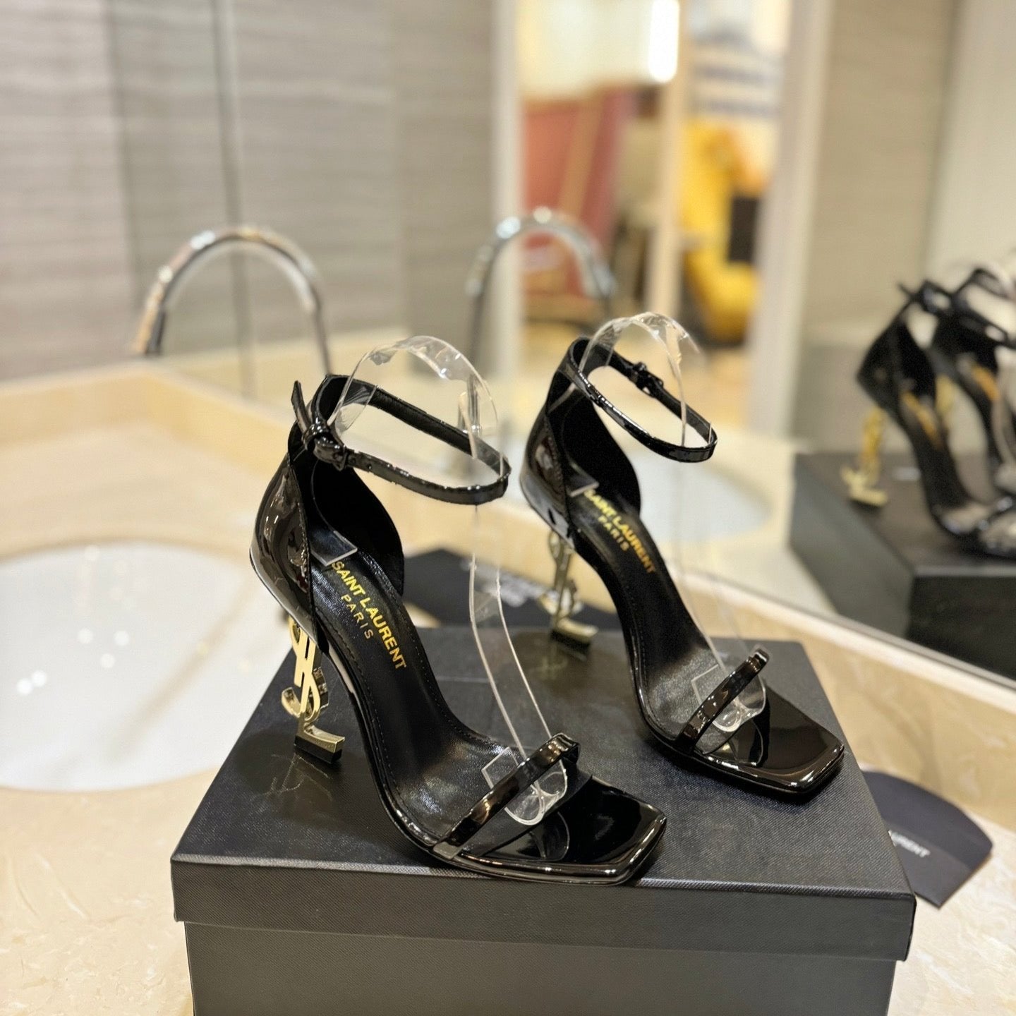 Saint Laurent SL OPYUM SANDALS 105 BLACK AND GOLD CALFSKIN