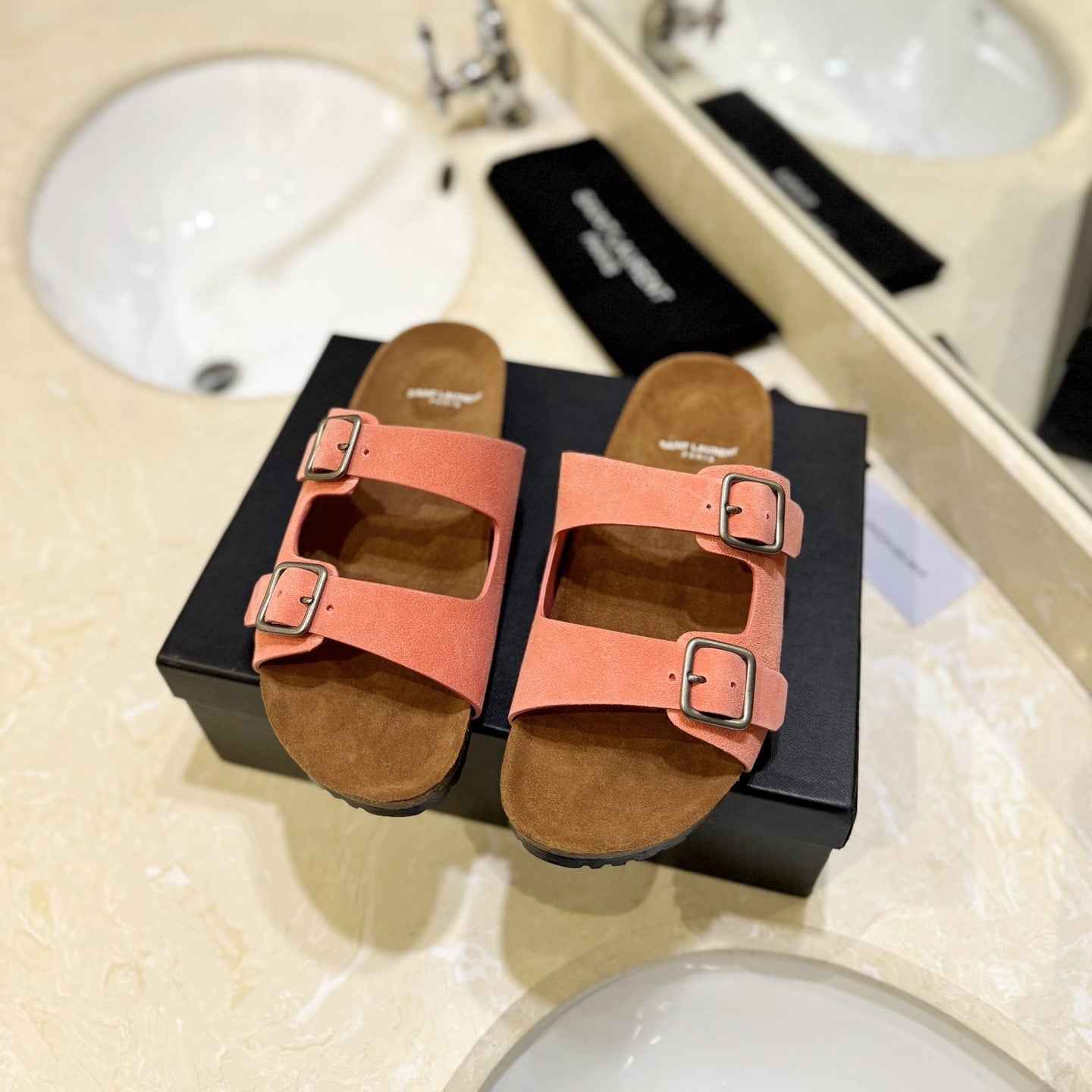 Saint Laurent SL Flat Sandal Women Brown Pink Seude