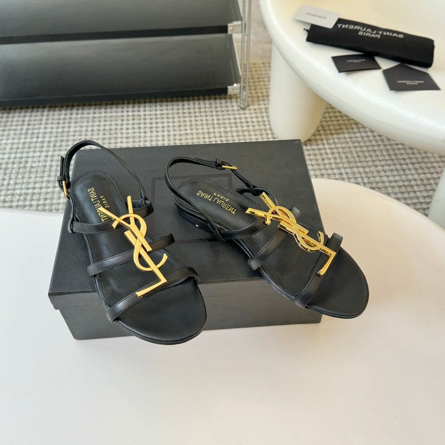 Saint Laurent SL CASSANDRA TRIPLE SANDAL FLAT BLACK CALFSKIN