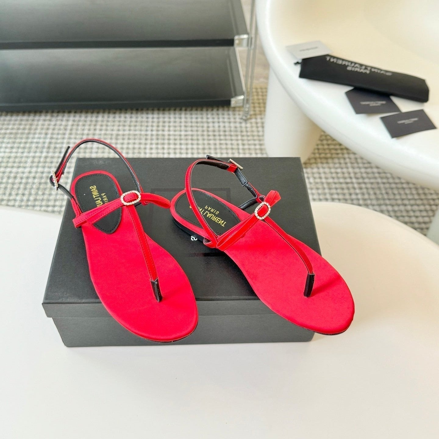 Saint Laurent SL CRYSTAL T-STRAP FLAT SANDAL RED SATIN