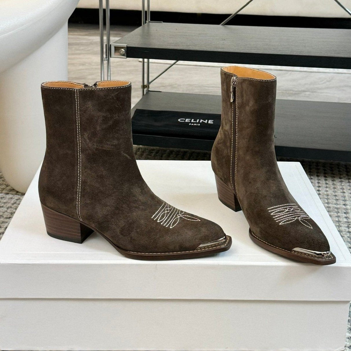 Celine ANKLE BOOTS 45 MM IN MOCHA BROWN SUEDE