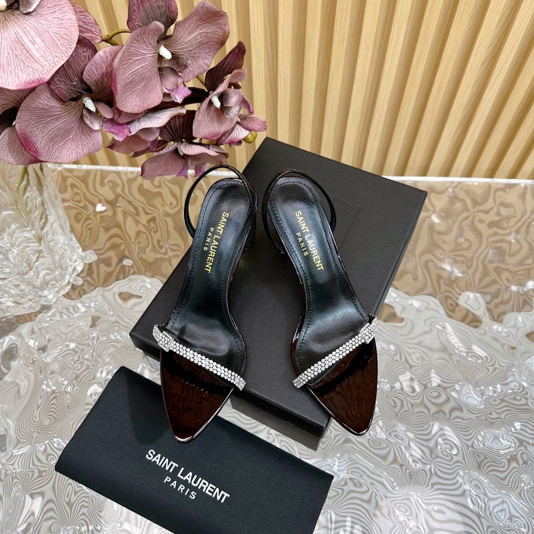 Saint Laurent RENDEZ-VOUS SANDALS 70 IN SATIN CREPE BLACK MAROON LEATHER