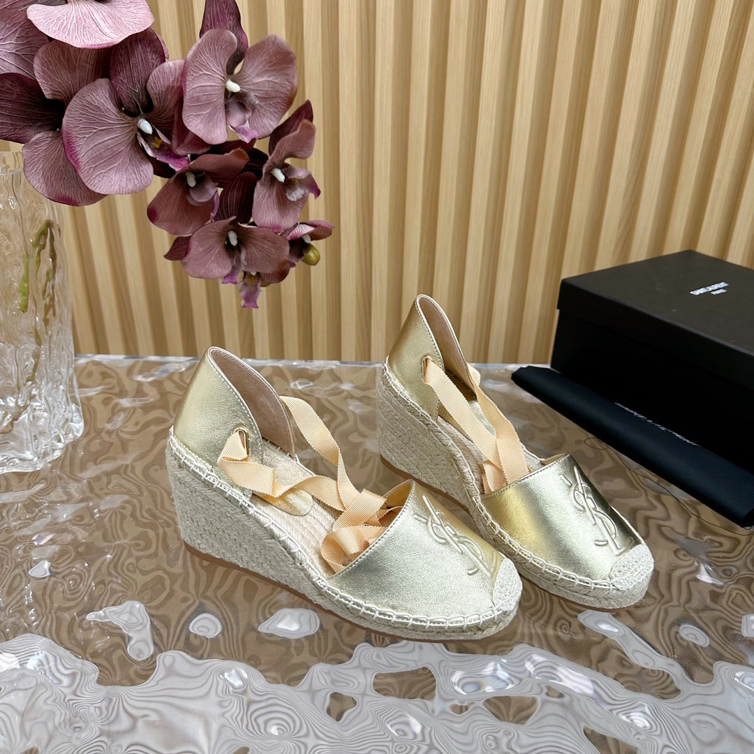 Saint Laurent SL WEDGE SANDALS METALLIC GOLD CALFSKIN AND STRAW