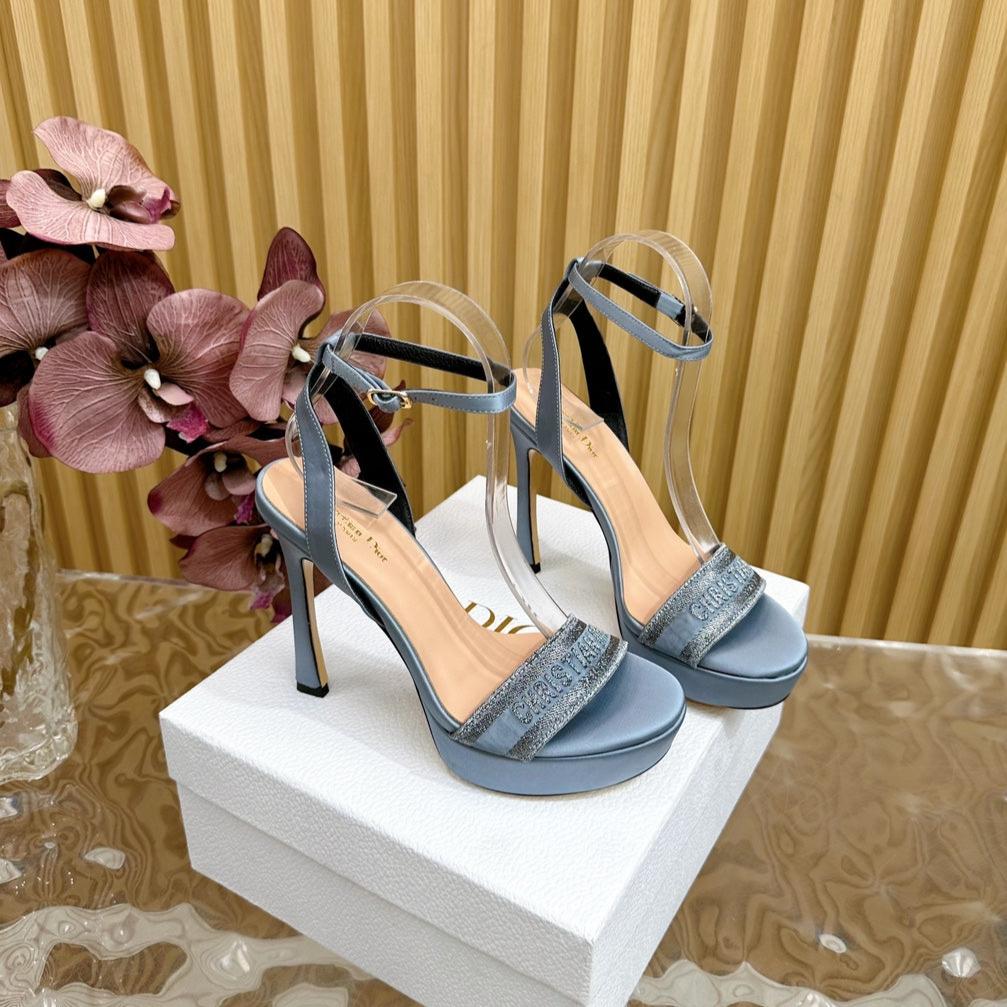 DIOR Dway Heeled Sandal 120mm Blue Silk And Lambskin
