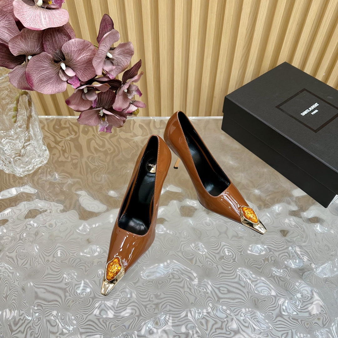 Saint Laurent ORANGE GEM-STUDDED HIGH PUMPS IN BRONZE BROWN PATENT CALFSKIN