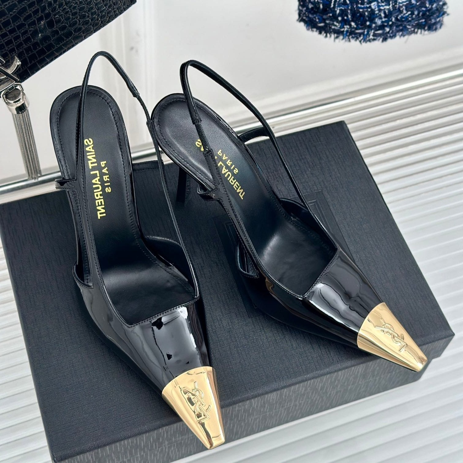 Saint Laurent SL JEANNE SLINGBACK PUMPS BLACK POLISHED CALFSKIN