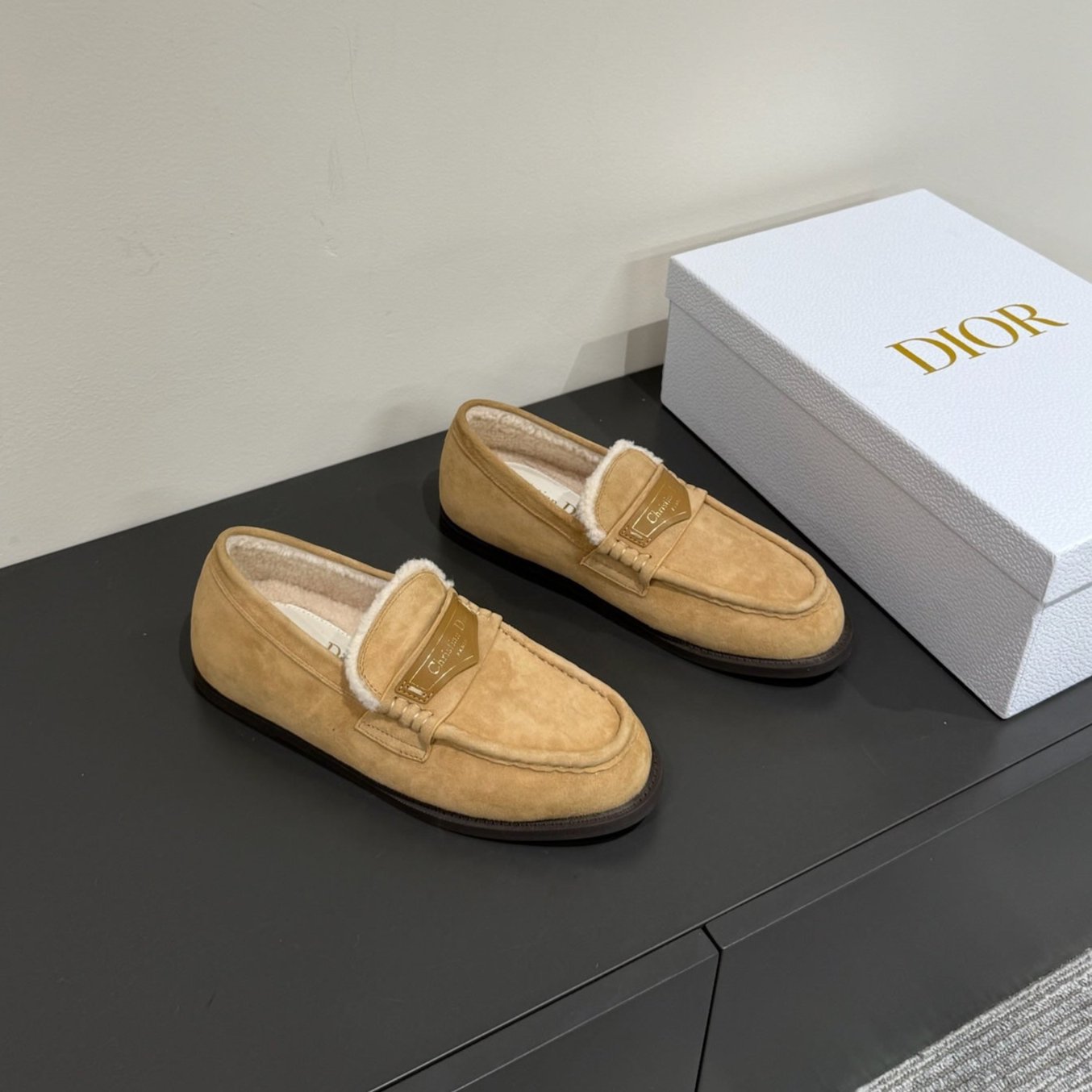 DIOR Loafers In Beige Brown Suede And Fleece Lining 109295