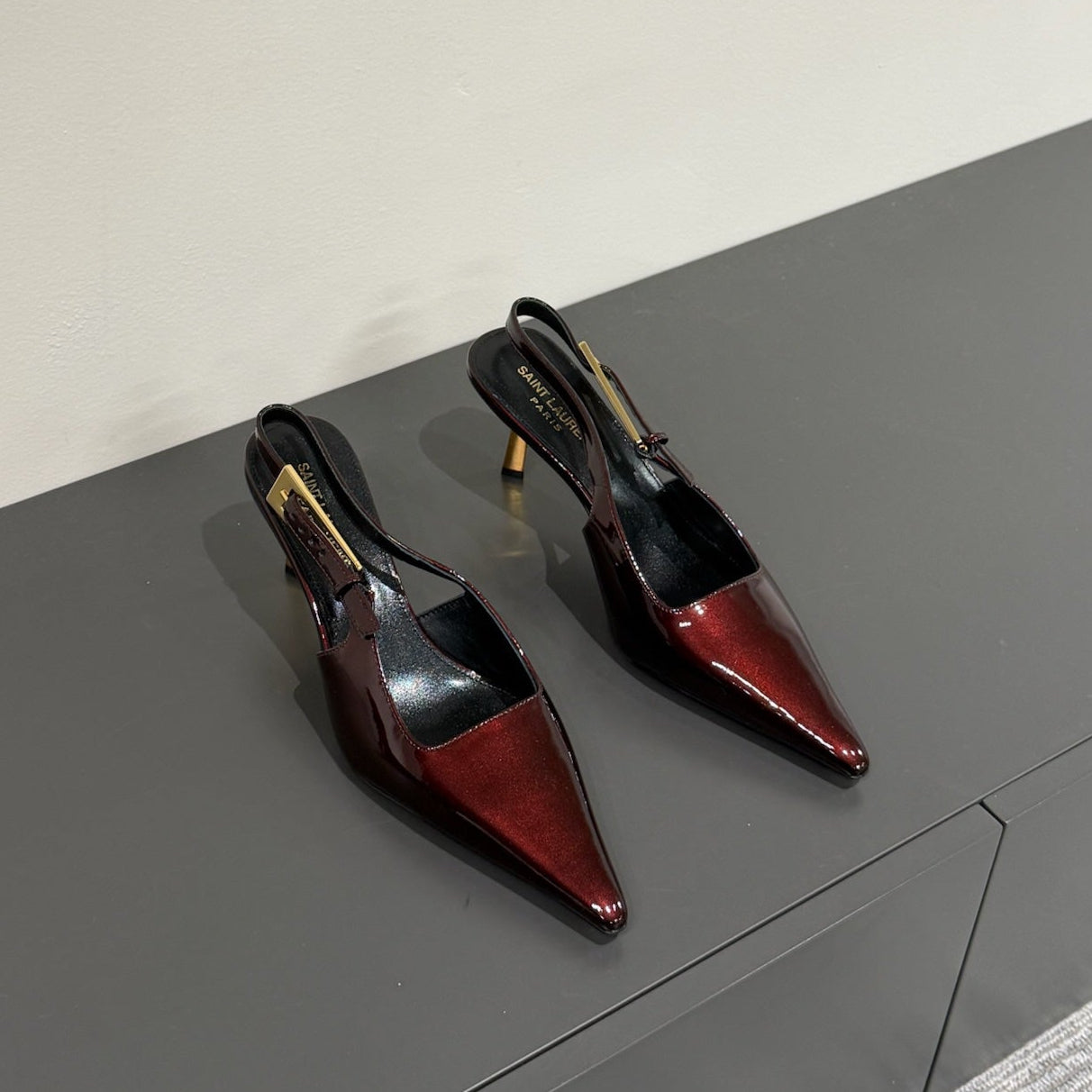 Saint Laurent LEE SLINGBACK MID PUMPS IN WINE RED SHINY CALFSKIN