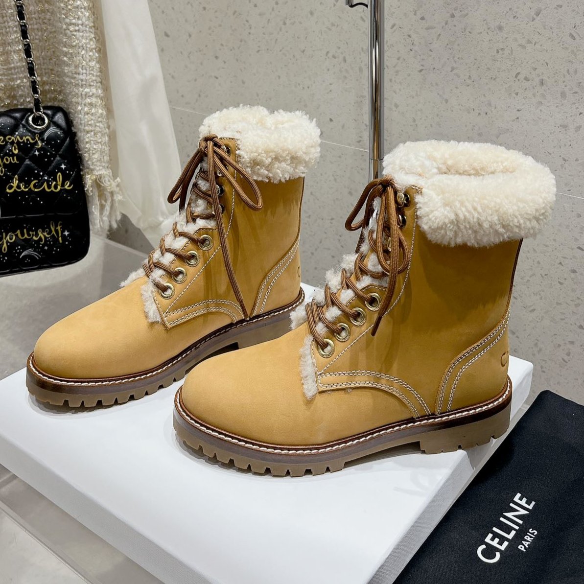 Celine MARTIN BOOT IN PEANUT BROWN SUEDE AND WHITE FLEECE