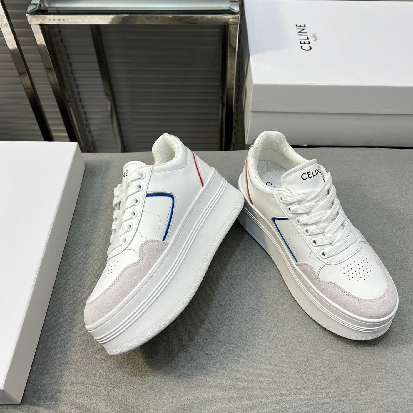 Celine BLOCK SNEAKERS WITH WEDGE OUTSOLE IN CALFSKIN OPTIC WHITE/BLUE/RED/SILVER