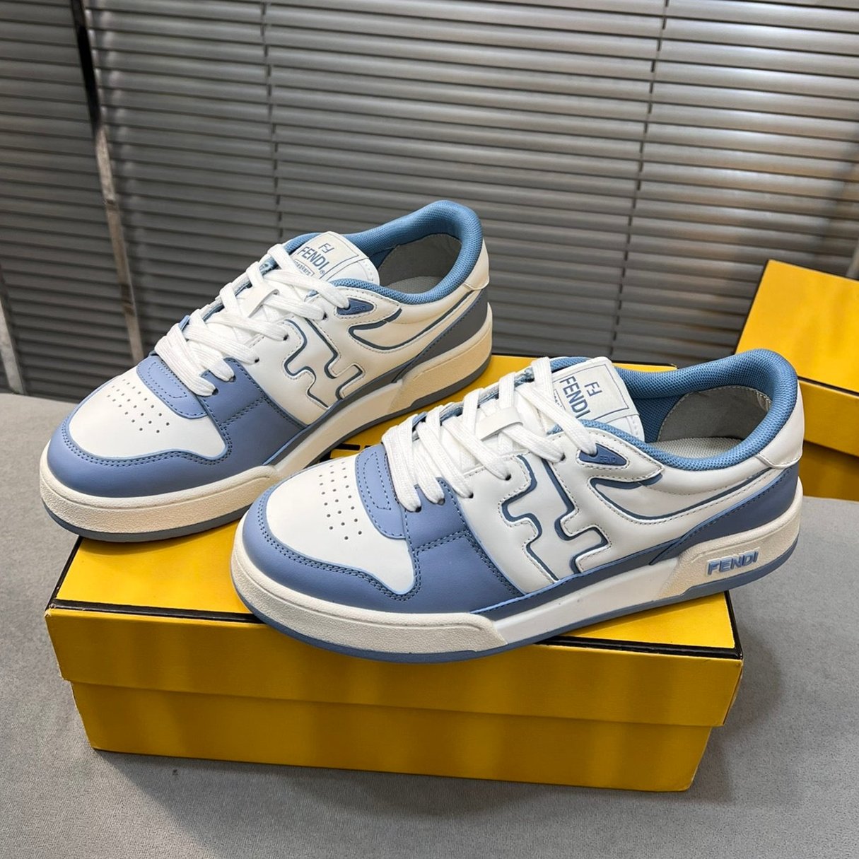 FENDI FENDI MATCH LOW TOPS IN CERULEAN BLUE MIX WHITE CALFSKIN AND MESH