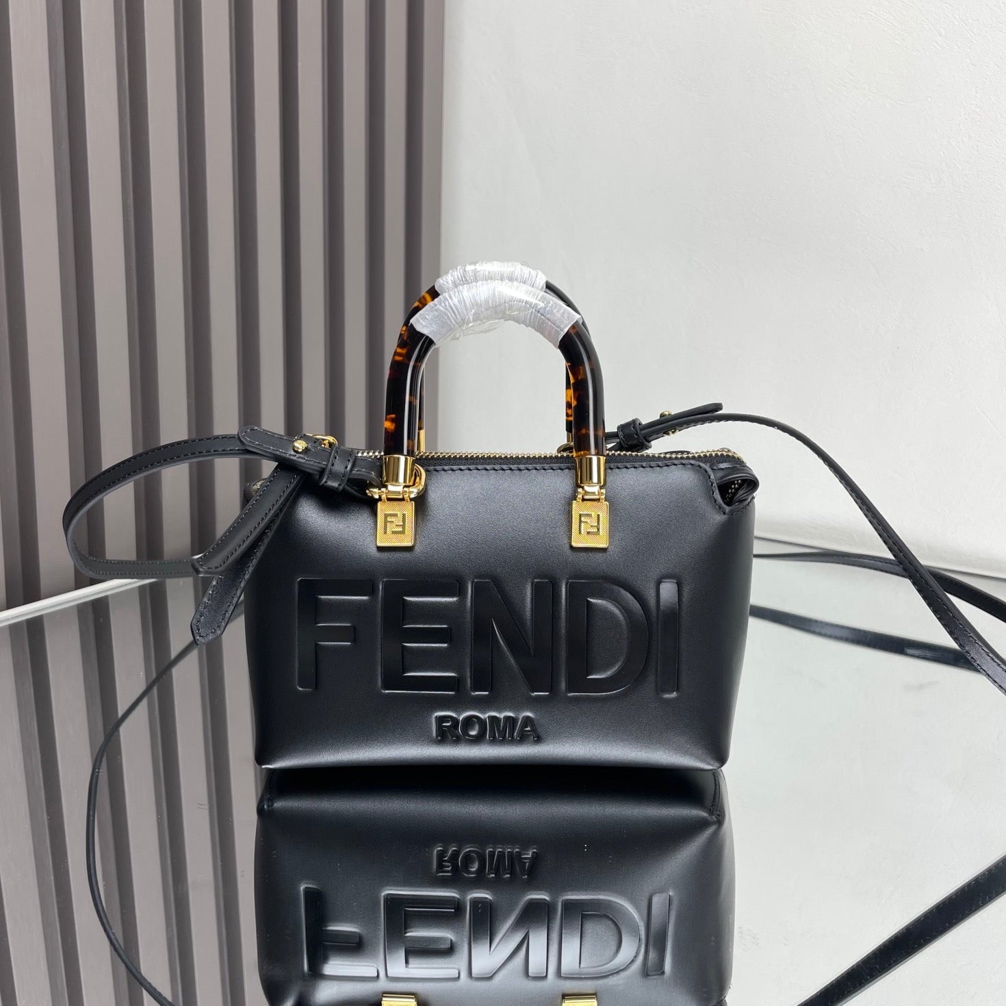 FENDI BY THE WAY MINI 18 IN BLACK EMBOSSED CALFSKIN GOLD HARDWARE