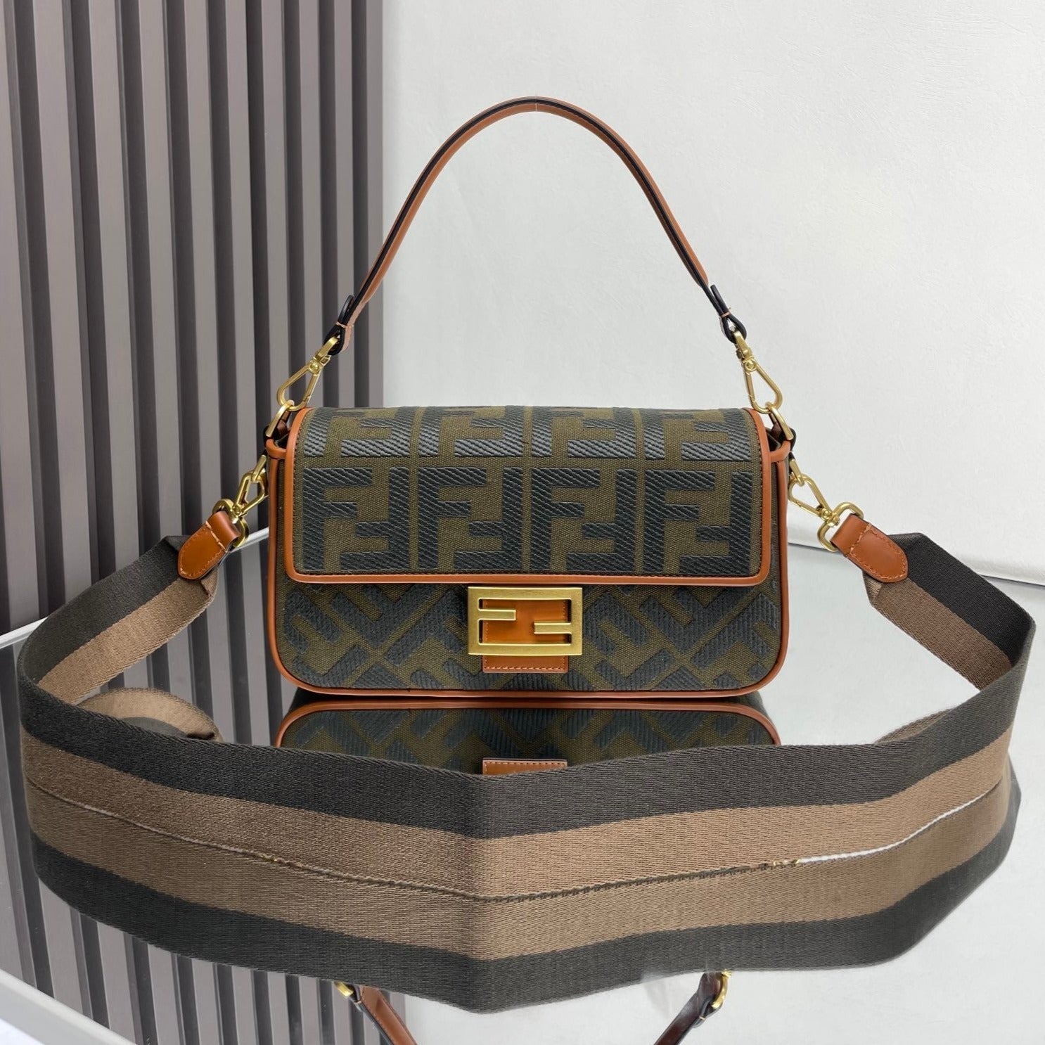 FENDI Fend Baguette Green Canvas Bag 27 with FF Embroidery Ghw