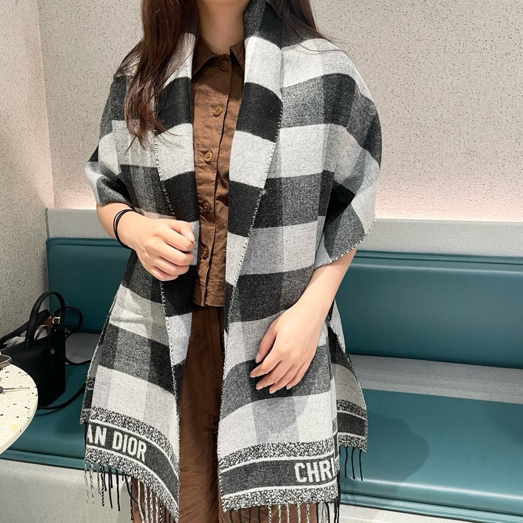 DIOR CHECK SCARF 180 CM IN BLACK MIX WHITE CASHMERE AND WOOL 415299
