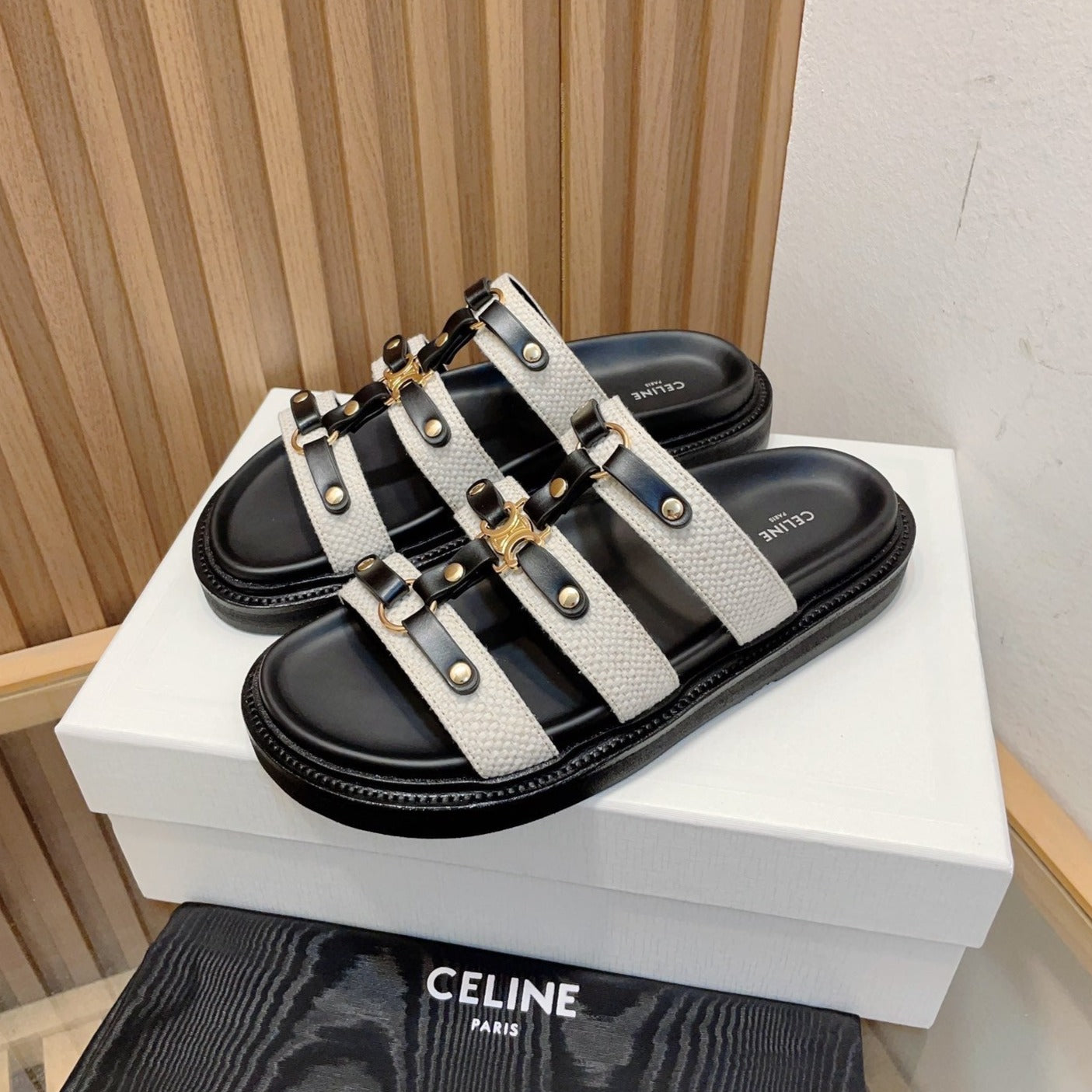 Celine TIPPI SLIDE IN CANVAS & CALFSKIN NATURAL WHITE / BLACK