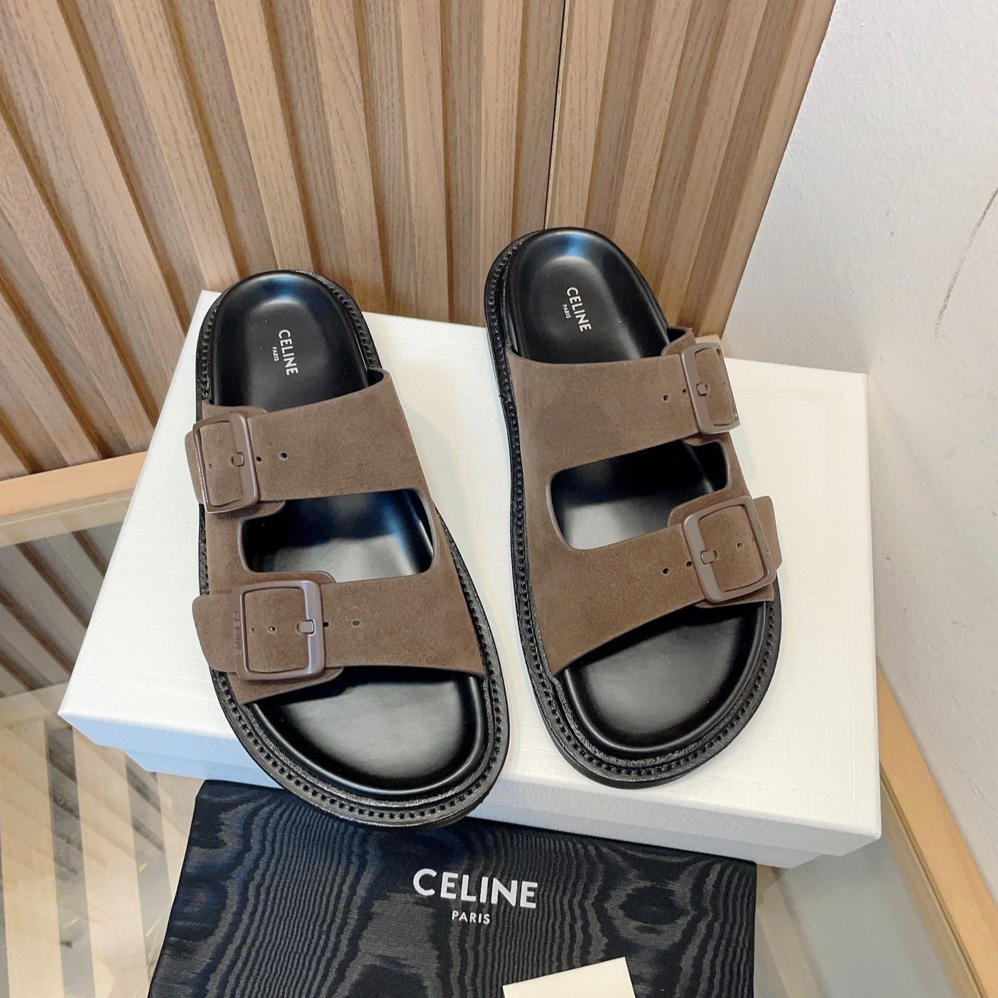 Celine TWIN-STRAP SANDALS WITH SUEDE UPPERS AND BUCKLE CLOSURE BROWN