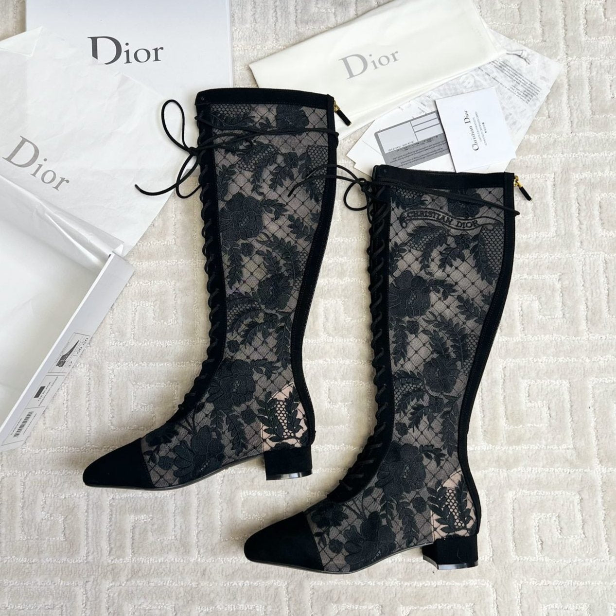 DIOR Naughtily-D Heeled High Boots Black Transparent Mesh Roses Embroidery And Suede