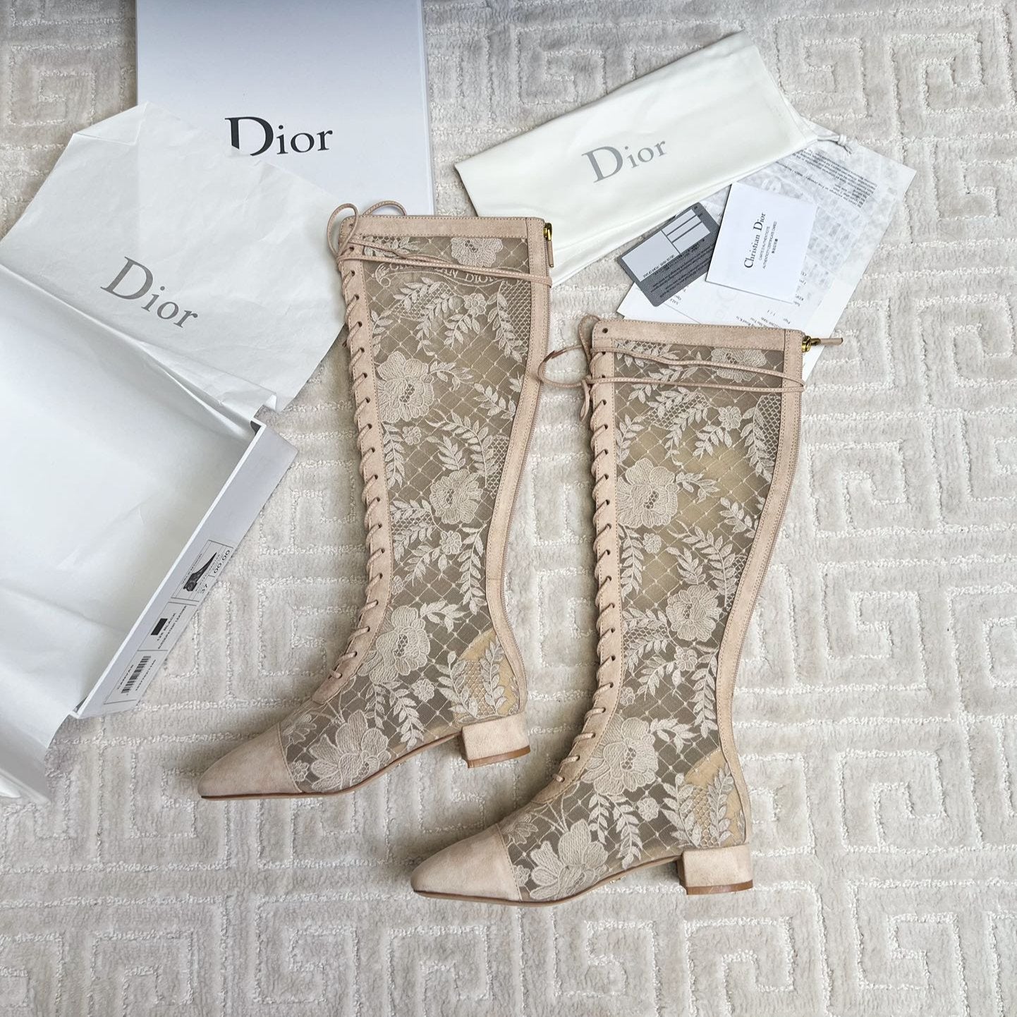 DIOR Naughtily-D Heeled High Boots Beige Transparent Mesh Roses Embroidery And Suede