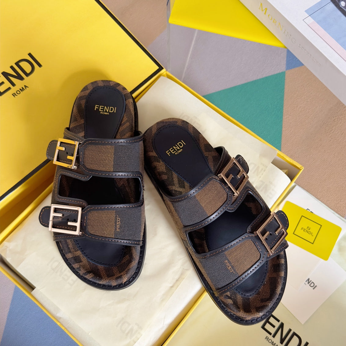 FENDI FENDI DAD SANDAL IN MOCHA BROWN MIX BLACK MONOGRAM JACQUARD FABRIC