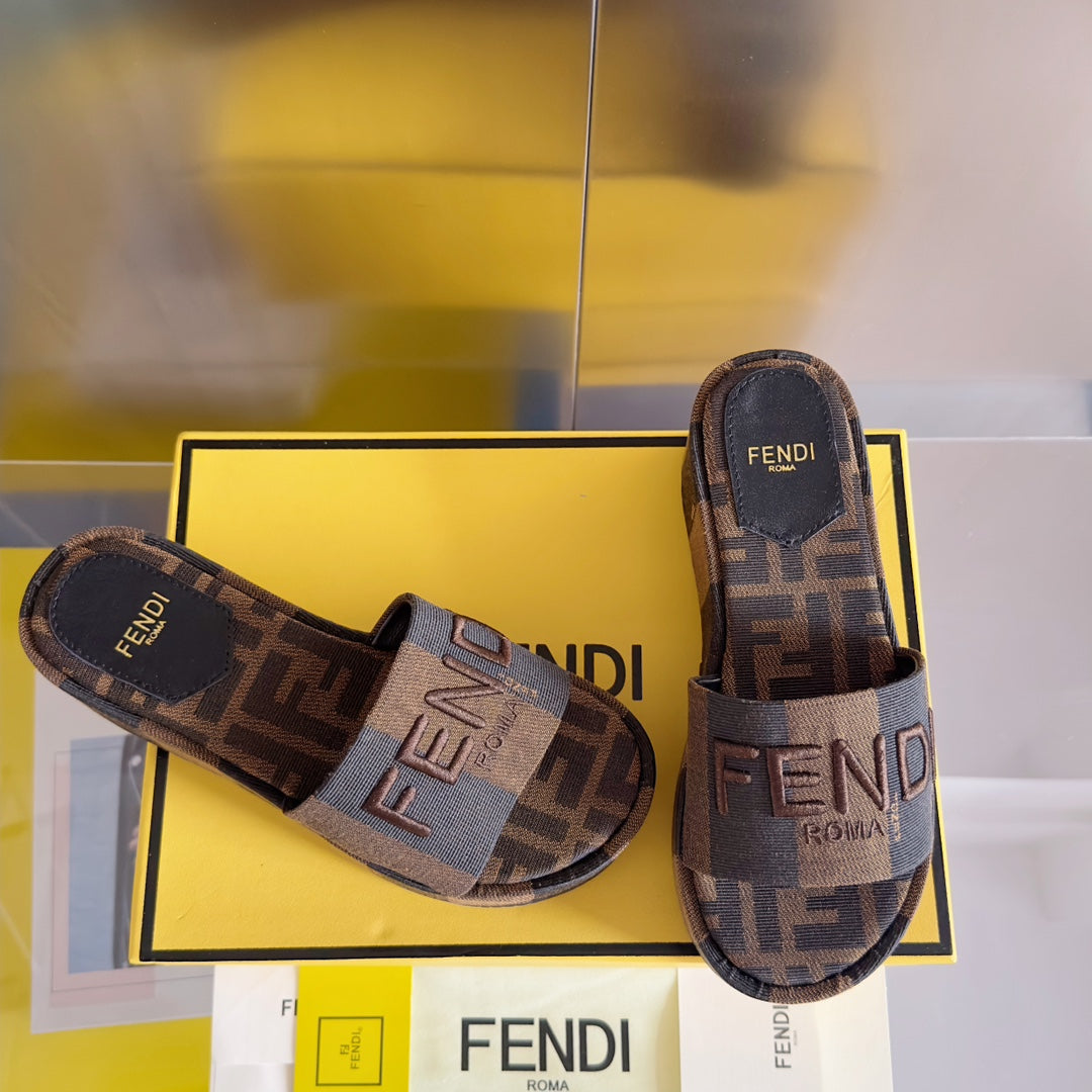 FENDI FENDI PLATFORM WEDGES IN CHOCOLATE BROWN FF MONOGRAM FABRIC