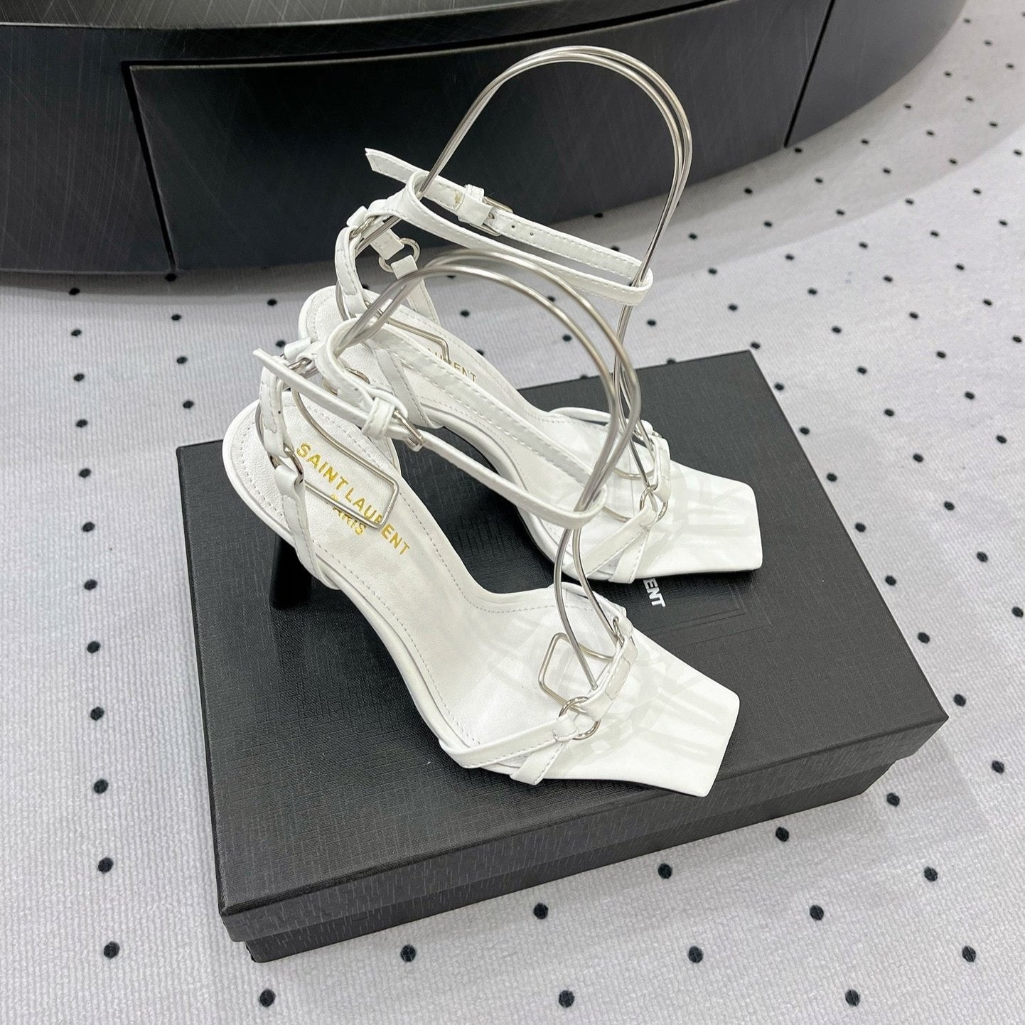 Saint Laurent SL ANKLE-BUCKLE HEELED SANDALS WHITE CALFSKIN