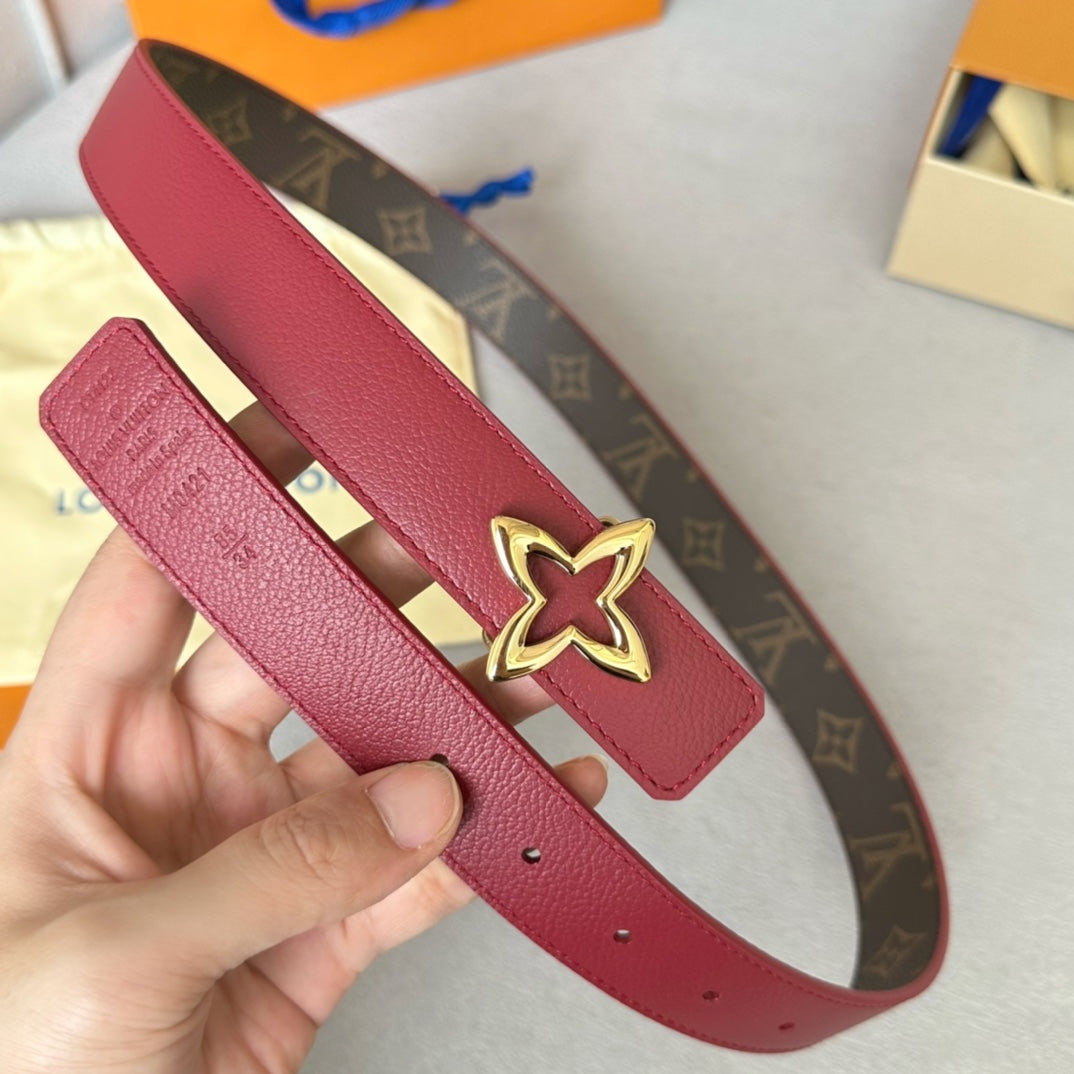 Louis Vuitton MINI FLOWERGRAM 30MM REVERSIBLE BELT IN BLOOD RED CALFSKIN GOLD HARDWARE