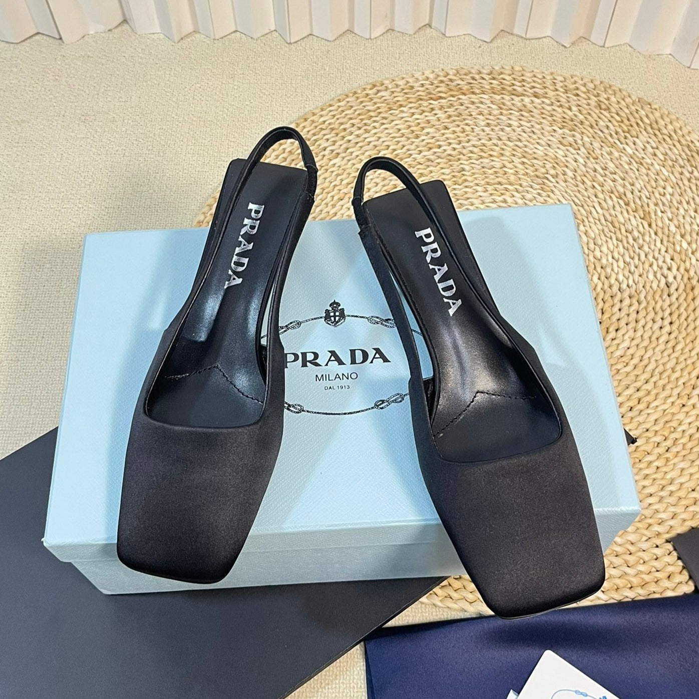 PRADA SQUARE TOE SLINGBACK PUMPS BLACK SATIN
