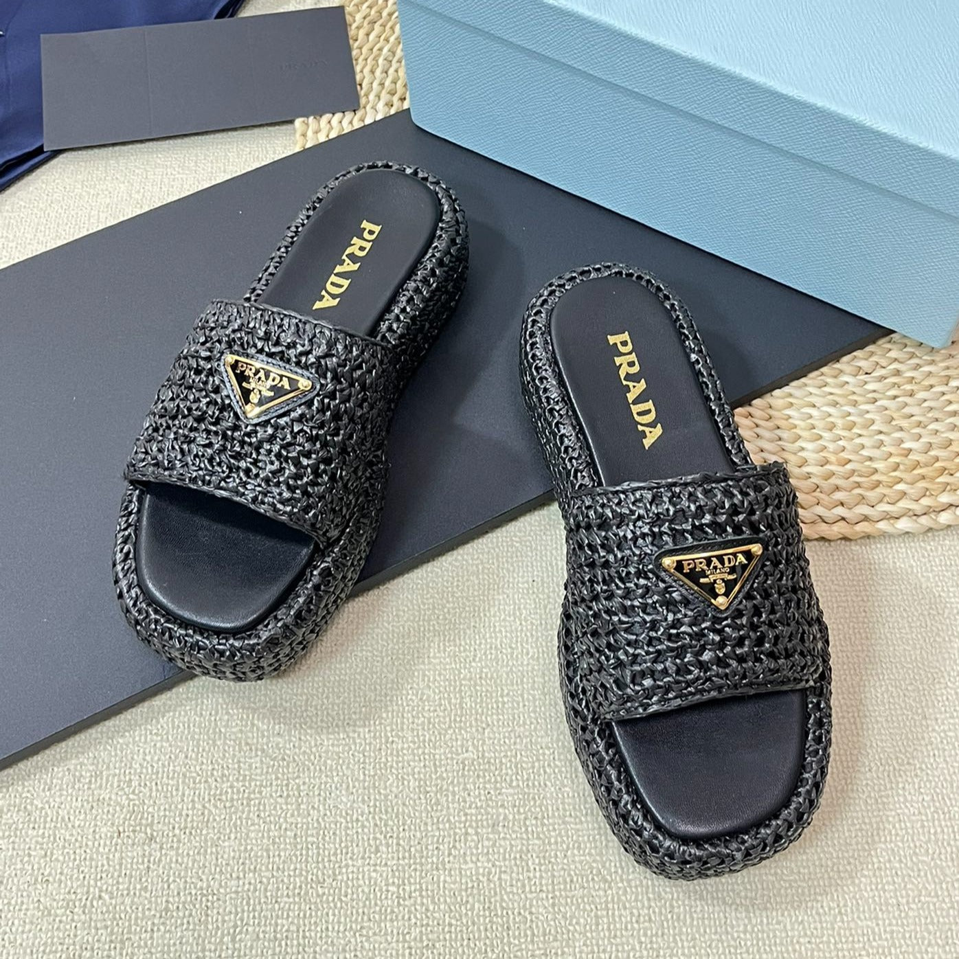 PRADA CROCHET FLATFORM SLIDES BLACK RAFFIA