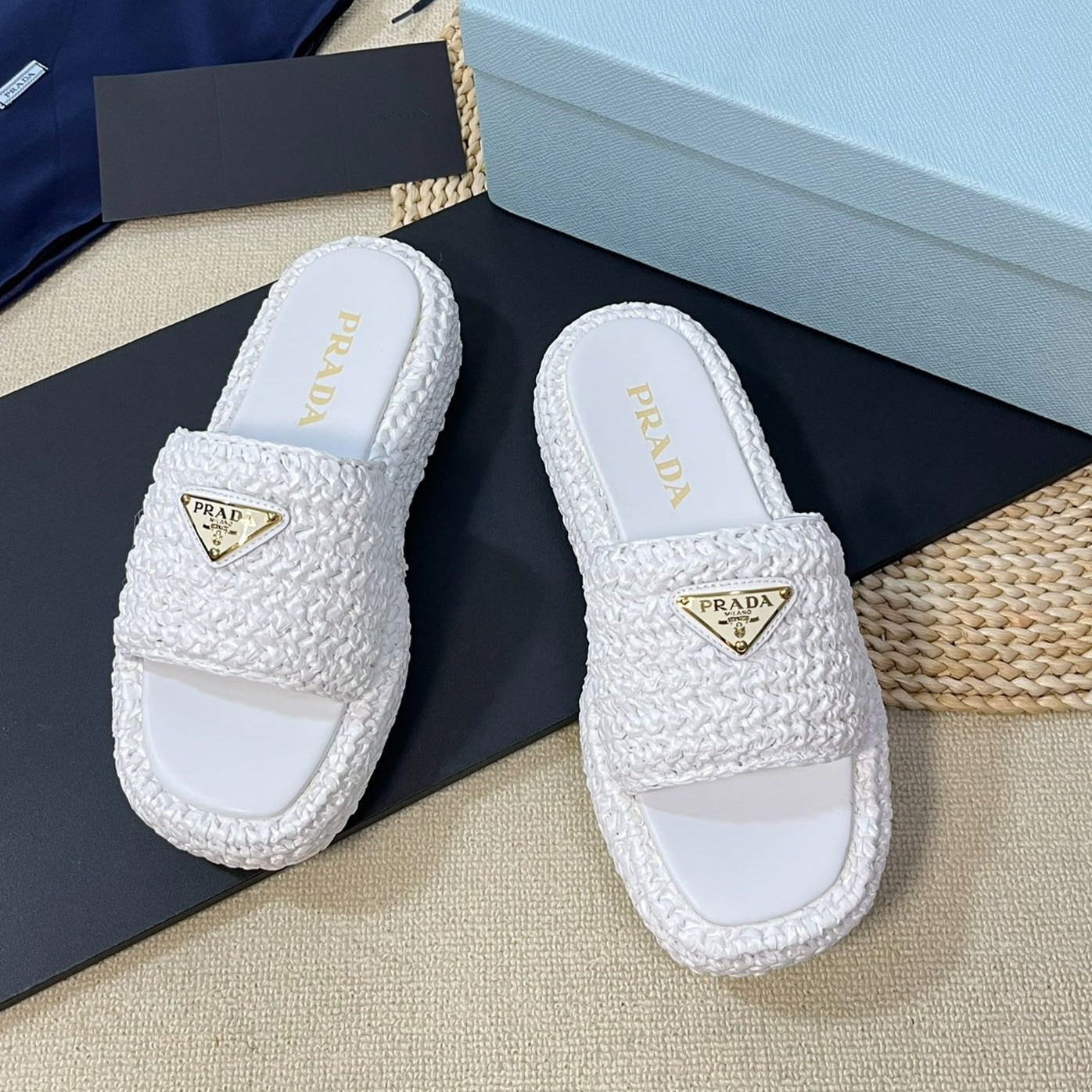 PRADA CROCHET FLATFORM SLIDES WHITE RAFFIA