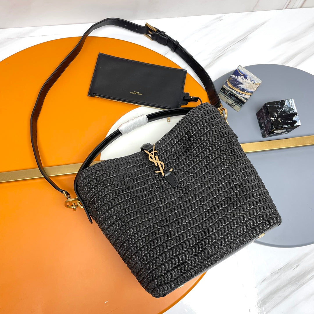 Saint Laurent YSL LE 37 20CM BLACK RAFFIA BUCKET BAG