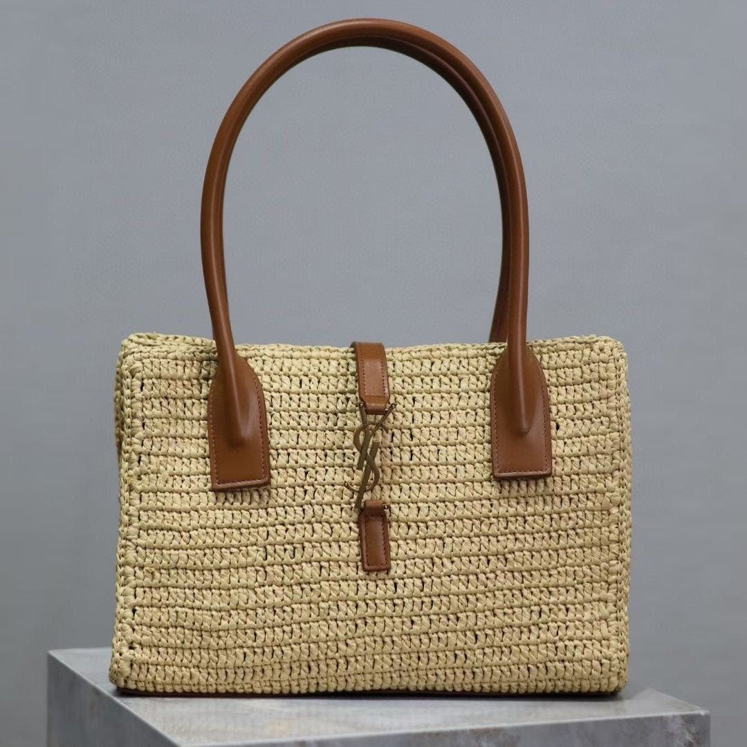 Saint Laurent YSL TOTE BAG 29CM PANIER LEATHER TRIMMED RAFFIA