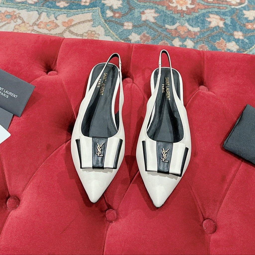 Saint Laurent CASSANDRA SLINGBACK FLAT IN WHITE MIX BLACK SMOOTH LAMBSKIN