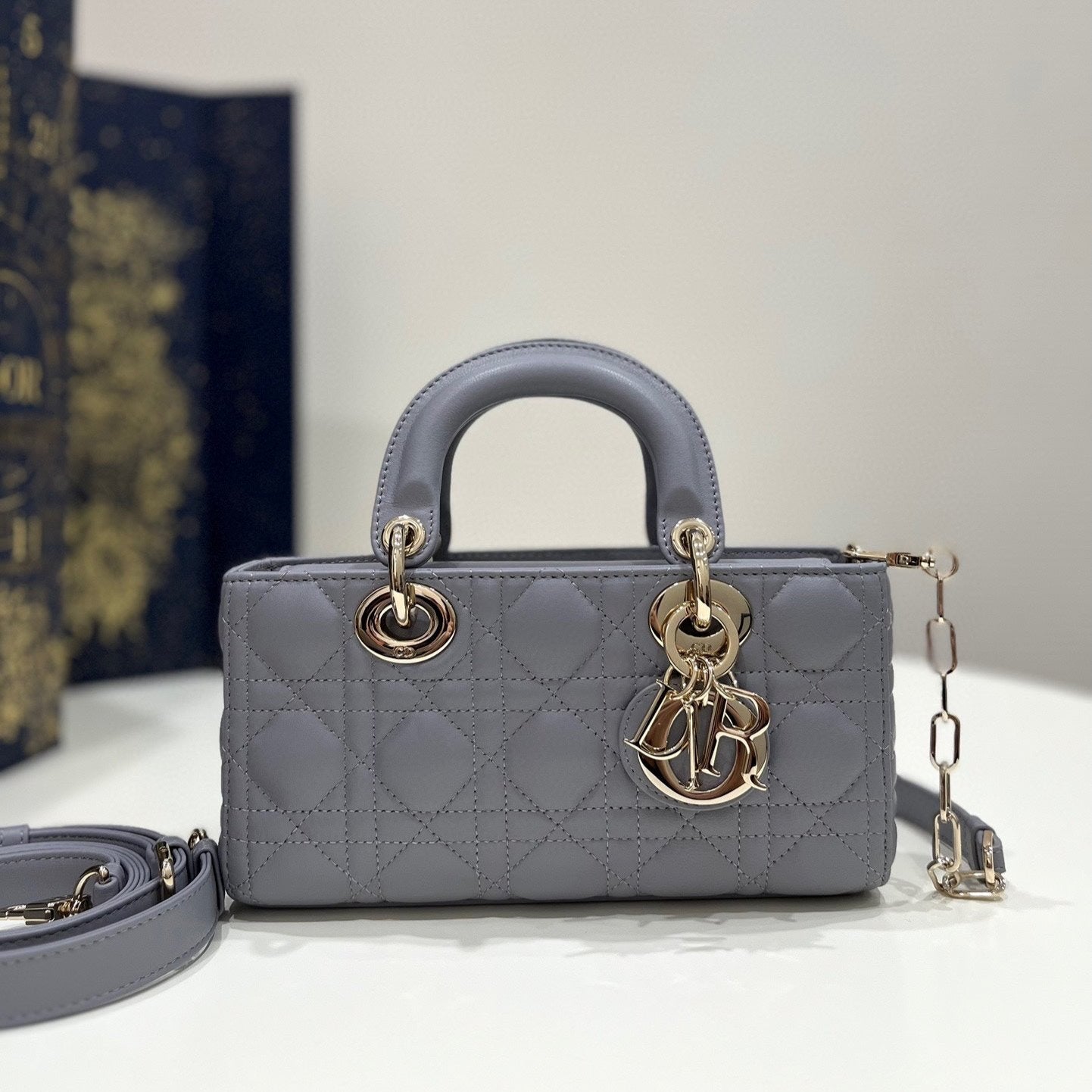 DIOR SMALL D-JOY BAG 22 IN GREY LAMBSKIN